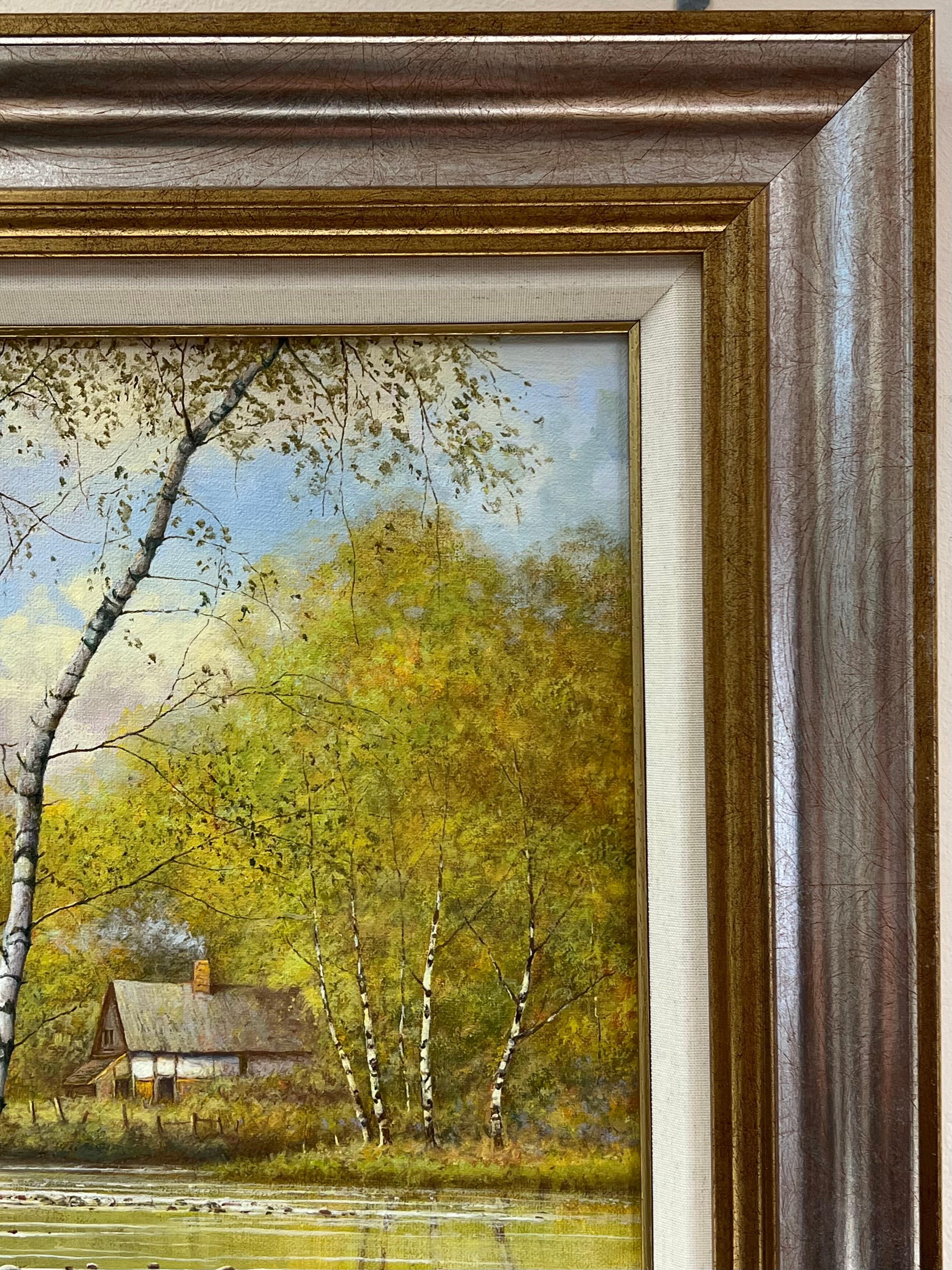 Peinture anglaise signée Angler Fishing Tranquil River Landscape Bluebell Woods en vente 5