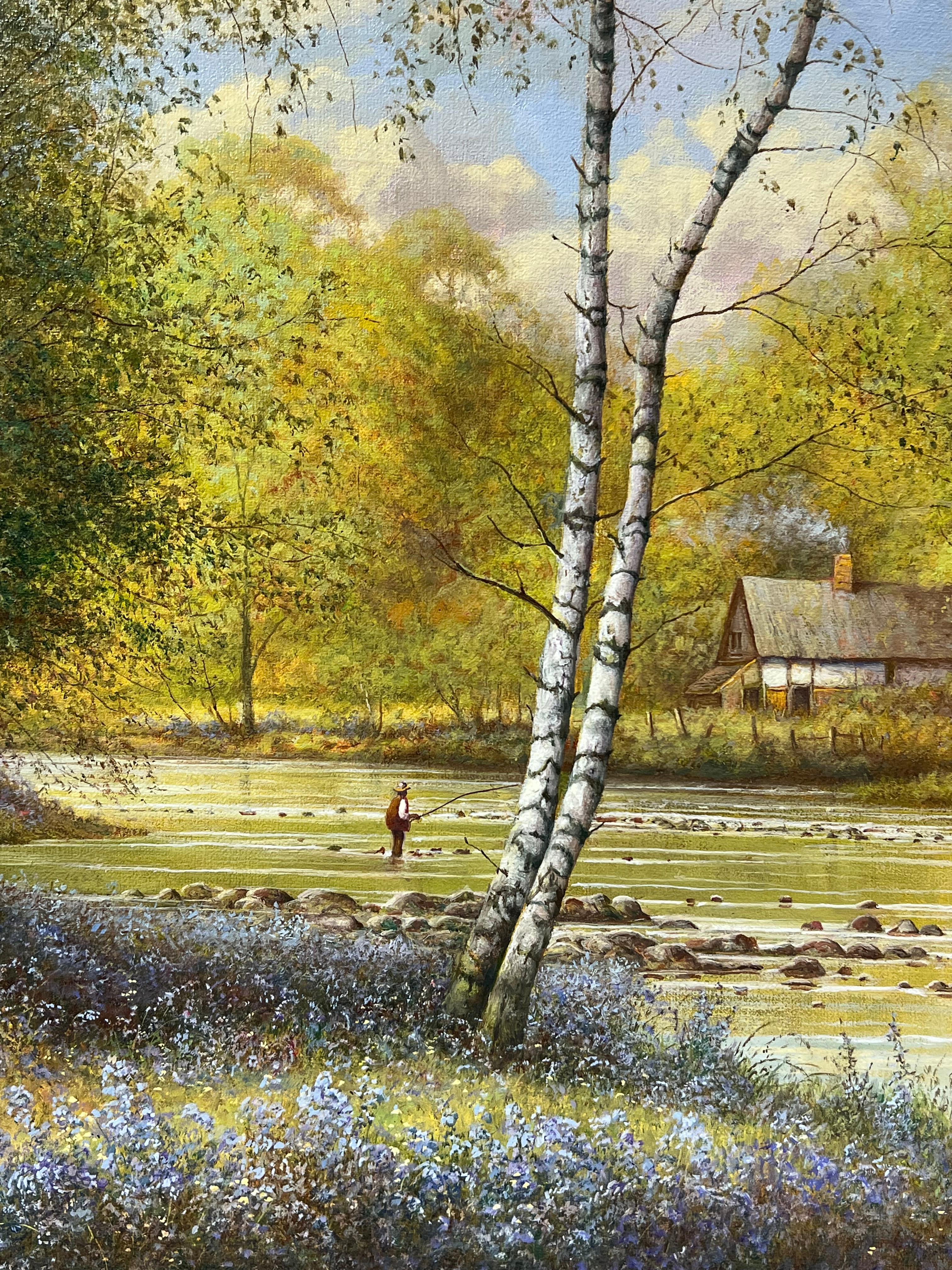 Peinture anglaise signée Angler Fishing Tranquil River Landscape Bluebell Woods en vente 6