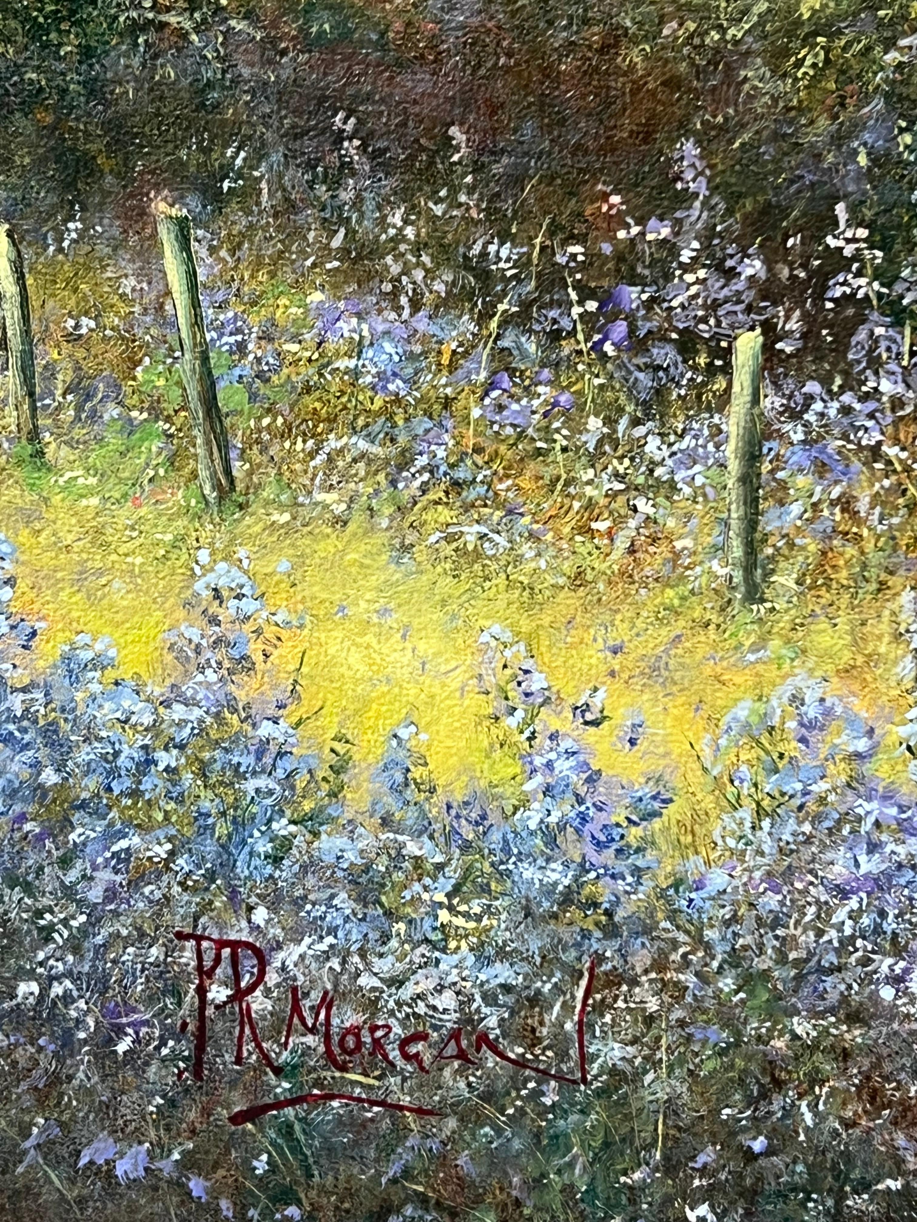 Peinture anglaise signée Angler Fishing Tranquil River Landscape Bluebell Woods en vente 7