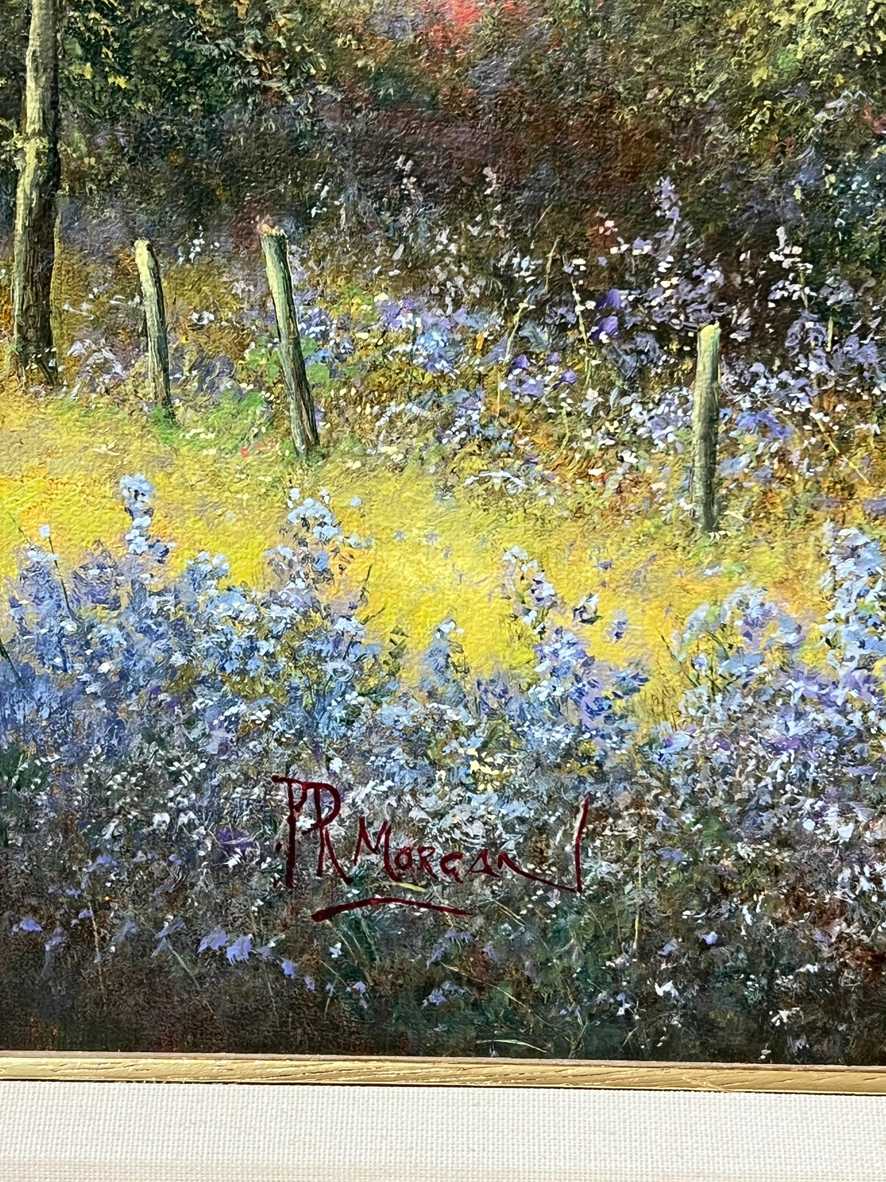 Peinture anglaise signée Angler Fishing Tranquil River Landscape Bluebell Woods - Painting de Paul Morgan