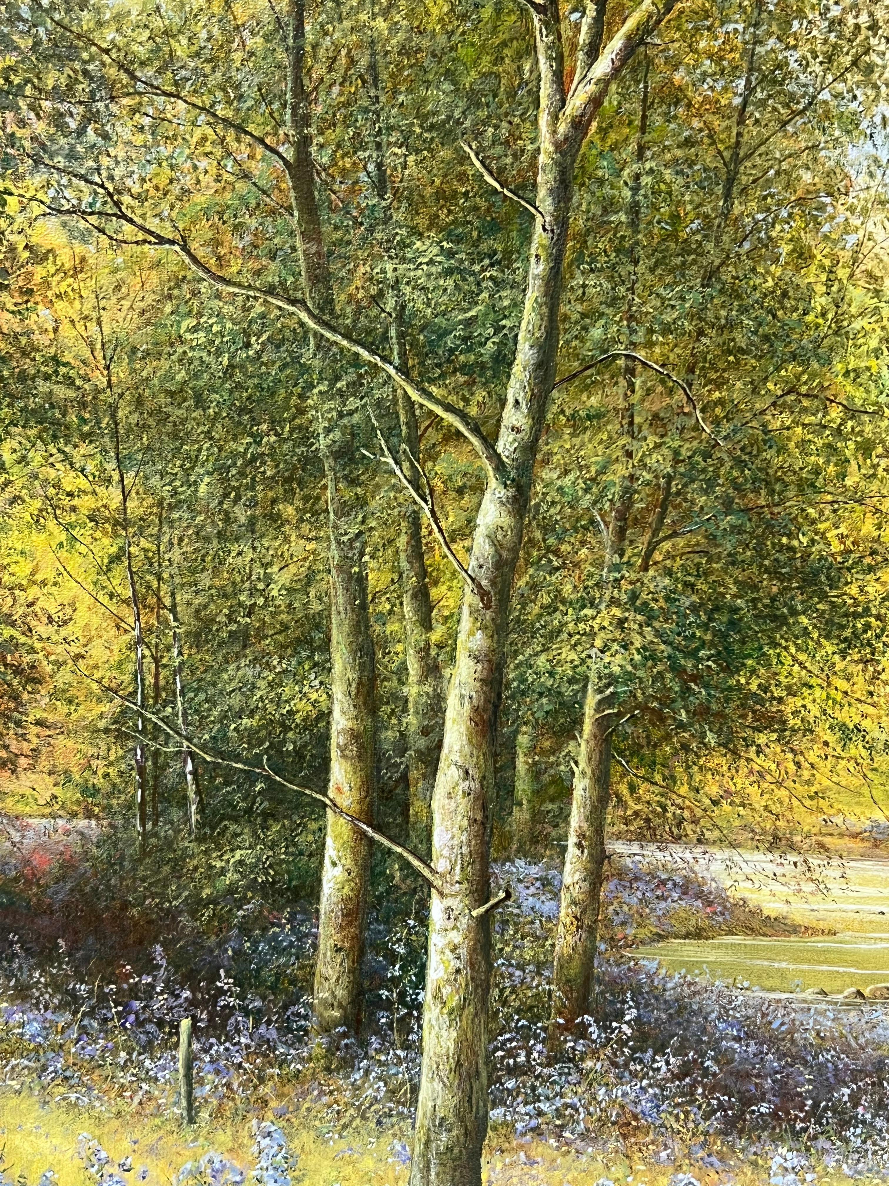 Peinture anglaise signée Angler Fishing Tranquil River Landscape Bluebell Woods - Marron Landscape Painting par Paul Morgan