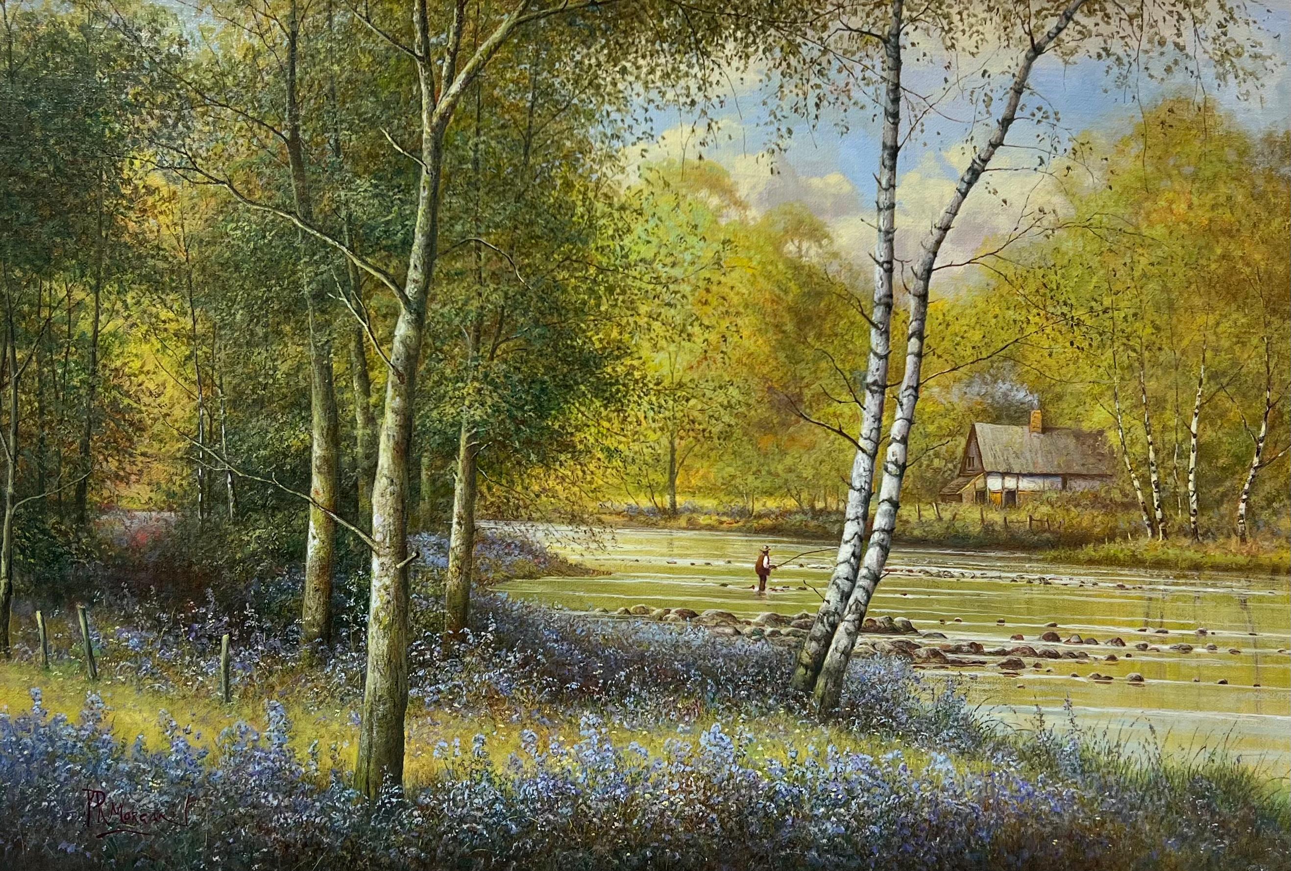 Peinture anglaise signée Angler Fishing Tranquil River Landscape Bluebell Woods en vente 1