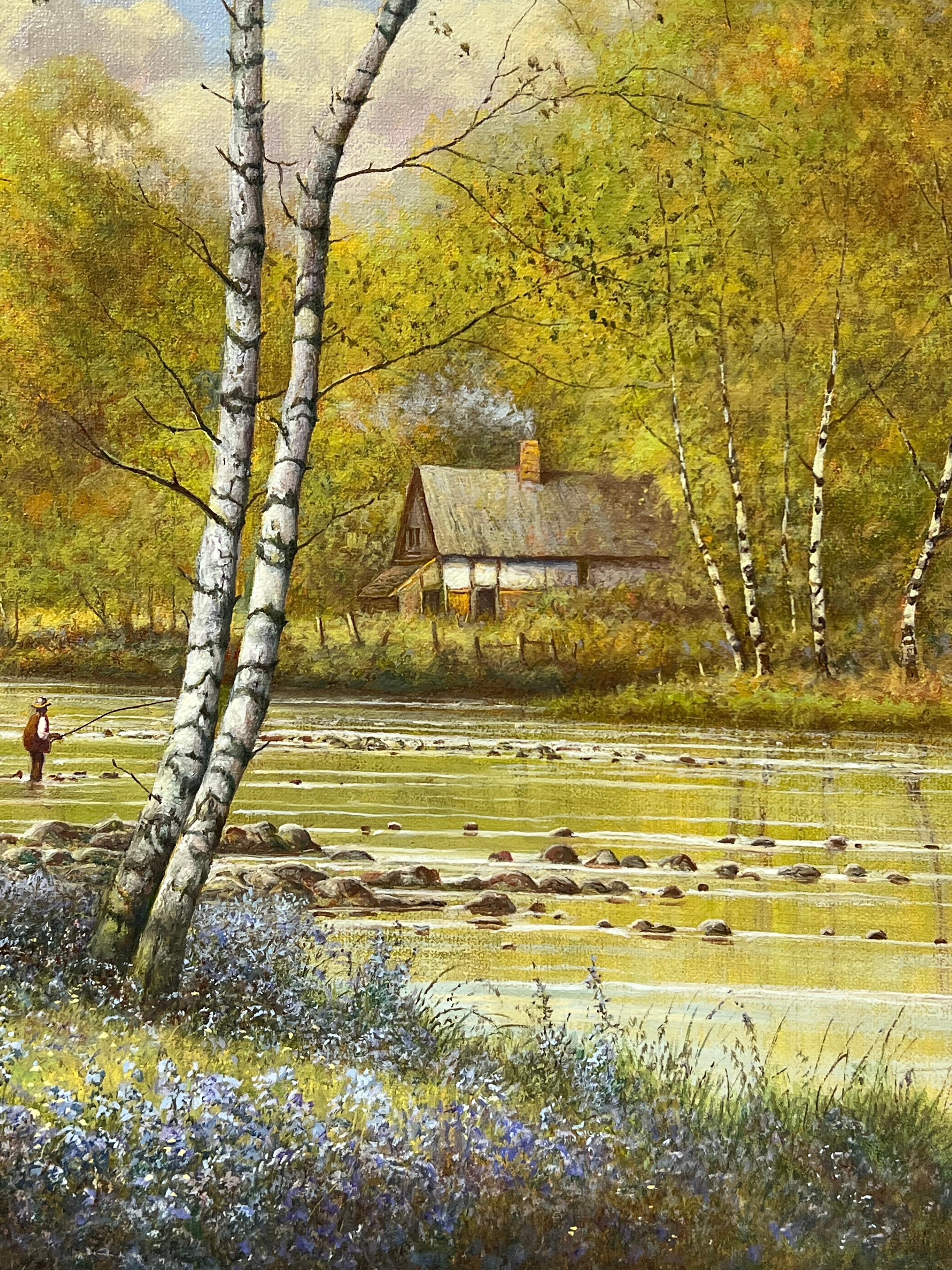 Peinture anglaise signée Angler Fishing Tranquil River Landscape Bluebell Woods en vente 3