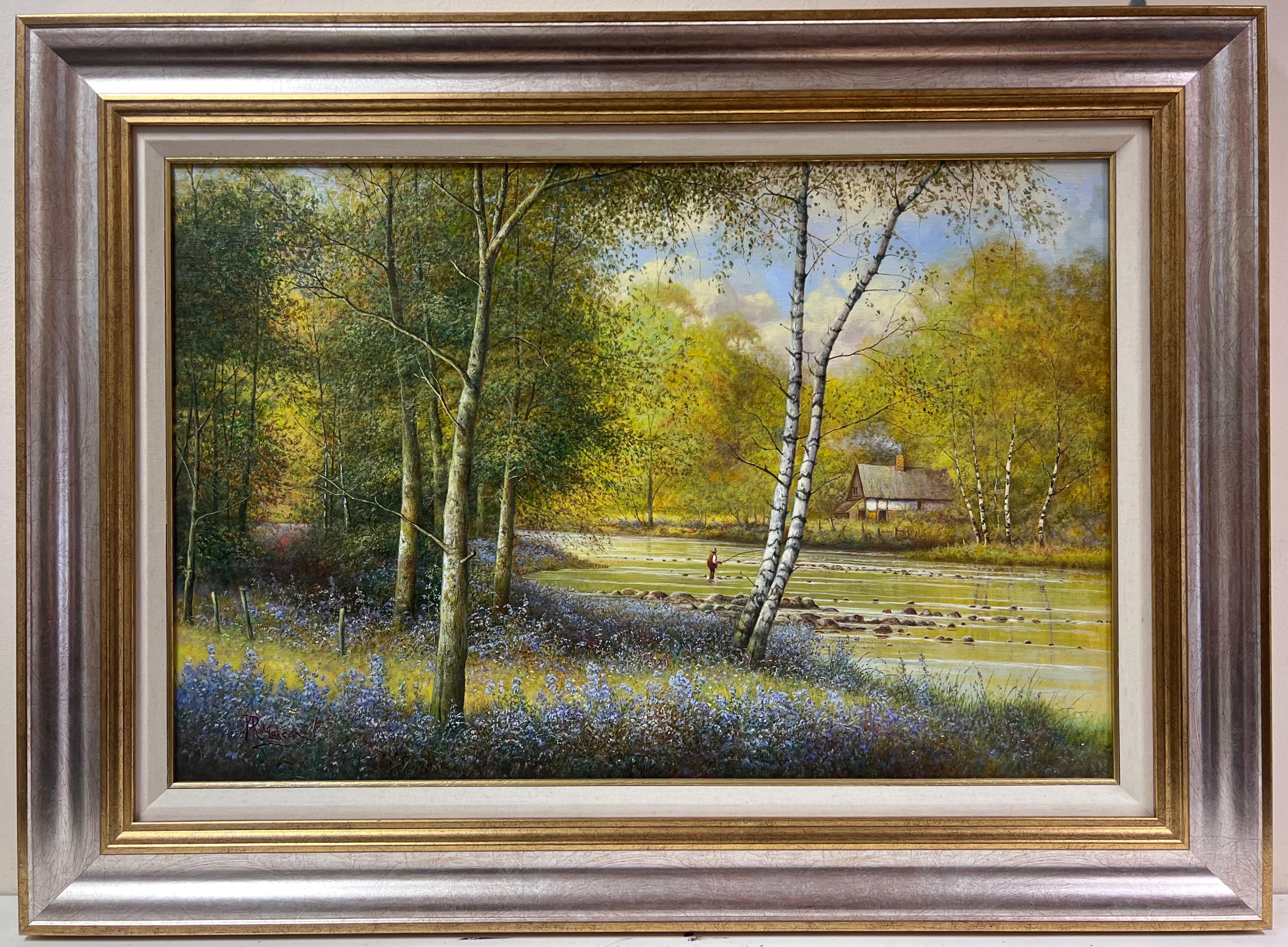 Landscape Painting Paul Morgan - Peinture anglaise signée Angler Fishing Tranquil River Landscape Bluebell Woods