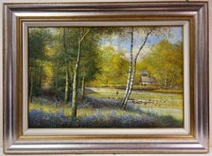 Peinture anglaise signée Angler Fishing Tranquil River Landscape Bluebell Woods