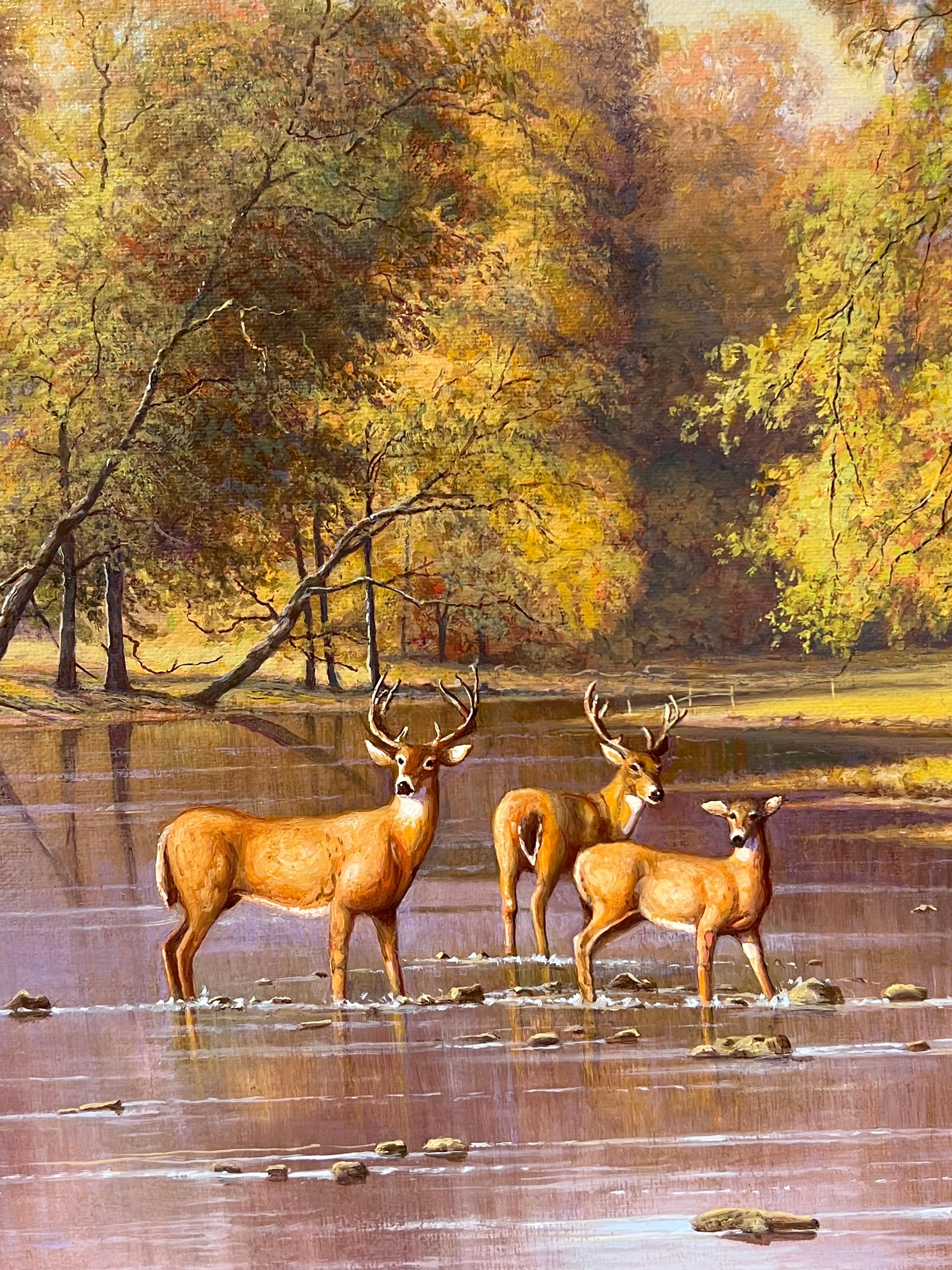 Cerfs s'abreuvant dans un paysage de rivière des Highlands Peinture à l'huile britannique signée - École anglaise Painting par Paul Morgan