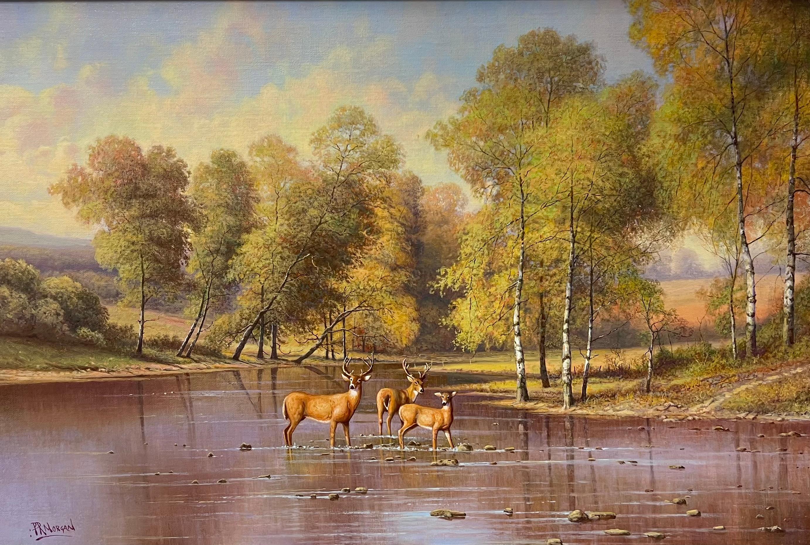 Cerfs s'abreuvant dans un paysage de rivière des Highlands Peinture à l'huile britannique signée - Marron Animal Painting par Paul Morgan