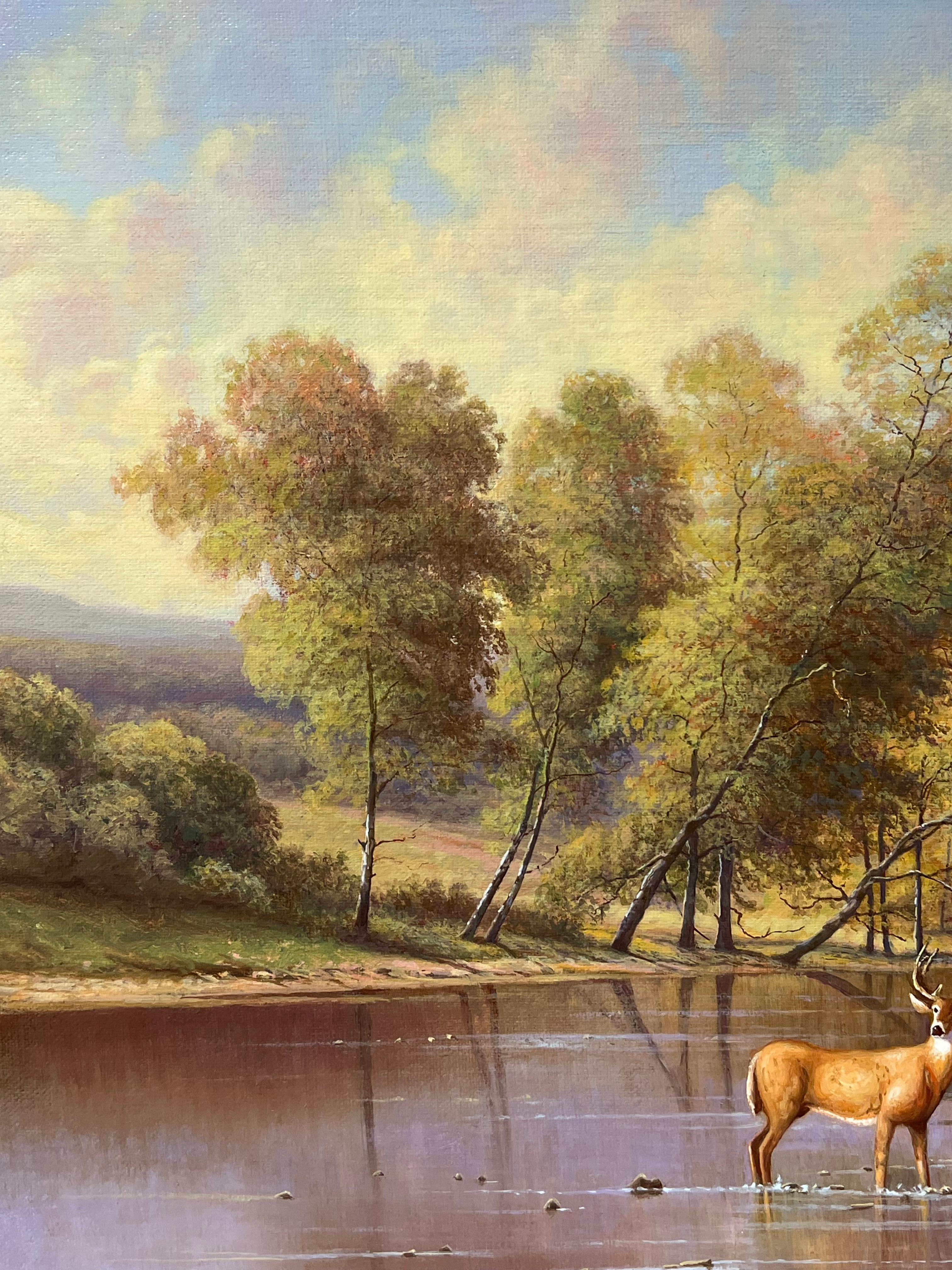 Cerfs s'abreuvant dans un paysage de rivière des Highlands Peinture à l'huile britannique signée en vente 1