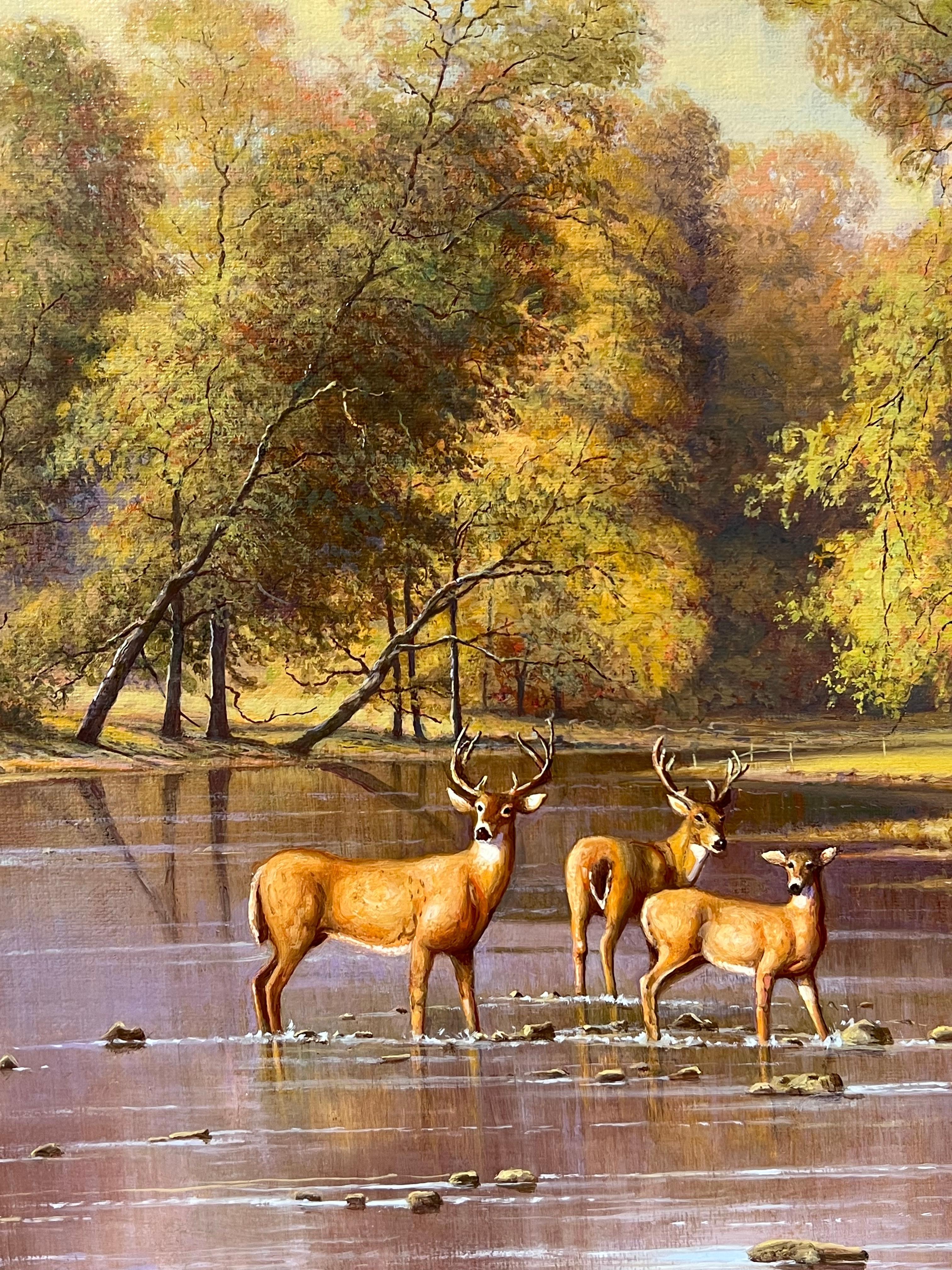 Cerfs s'abreuvant dans un paysage de rivière des Highlands Peinture à l'huile britannique signée en vente 2