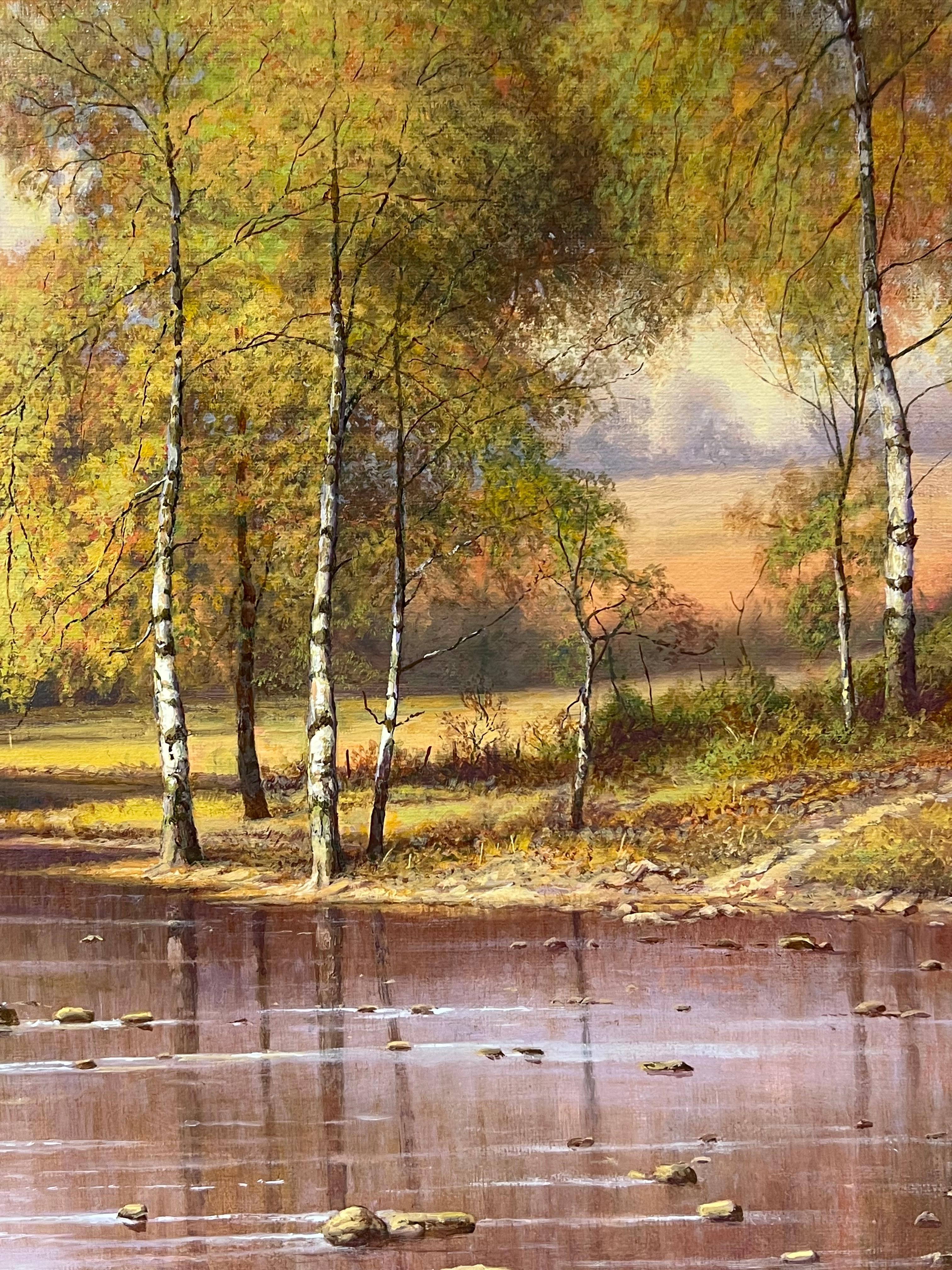 Cerfs s'abreuvant dans un paysage de rivière des Highlands Peinture à l'huile britannique signée en vente 3
