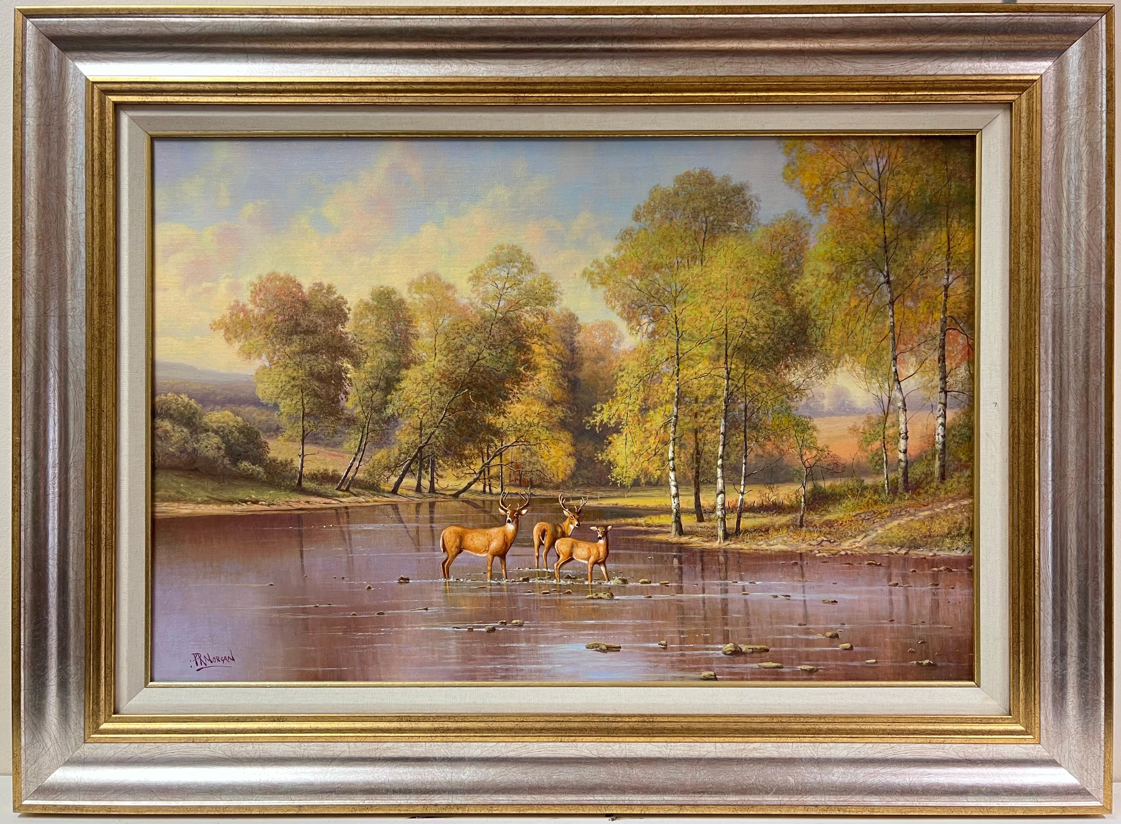 Animal Painting Paul Morgan - Cerfs s'abreuvant dans un paysage de rivière des Highlands Peinture à l'huile britannique signée
