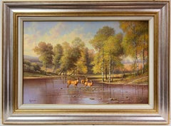 Cerfs s'abreuvant dans un paysage de rivière des Highlands Peinture à l'huile britannique signée