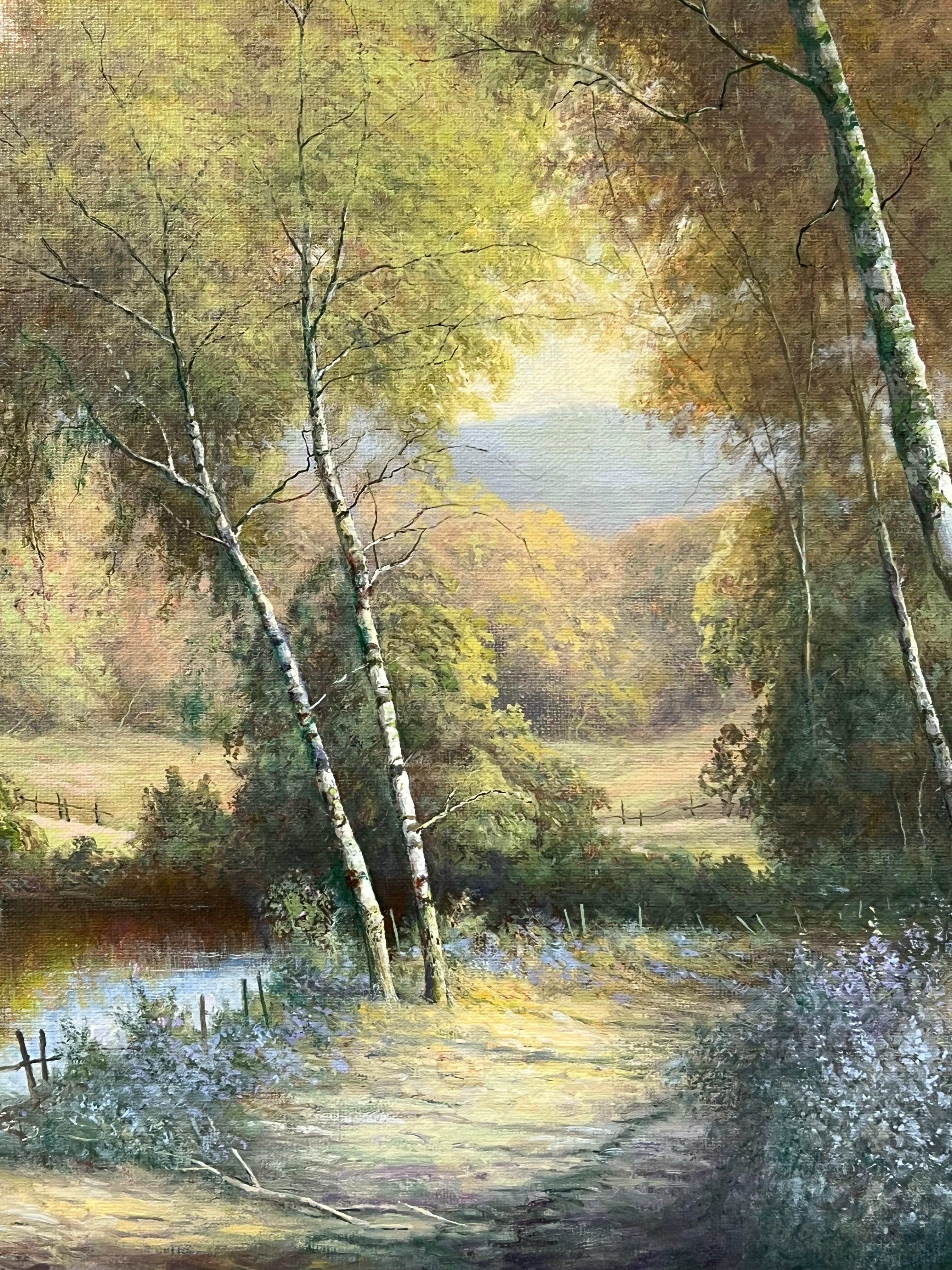 Cottage con tetto di paglia in un tranquillo paesaggio rurale inglese firmato olio inglese in vendita 5