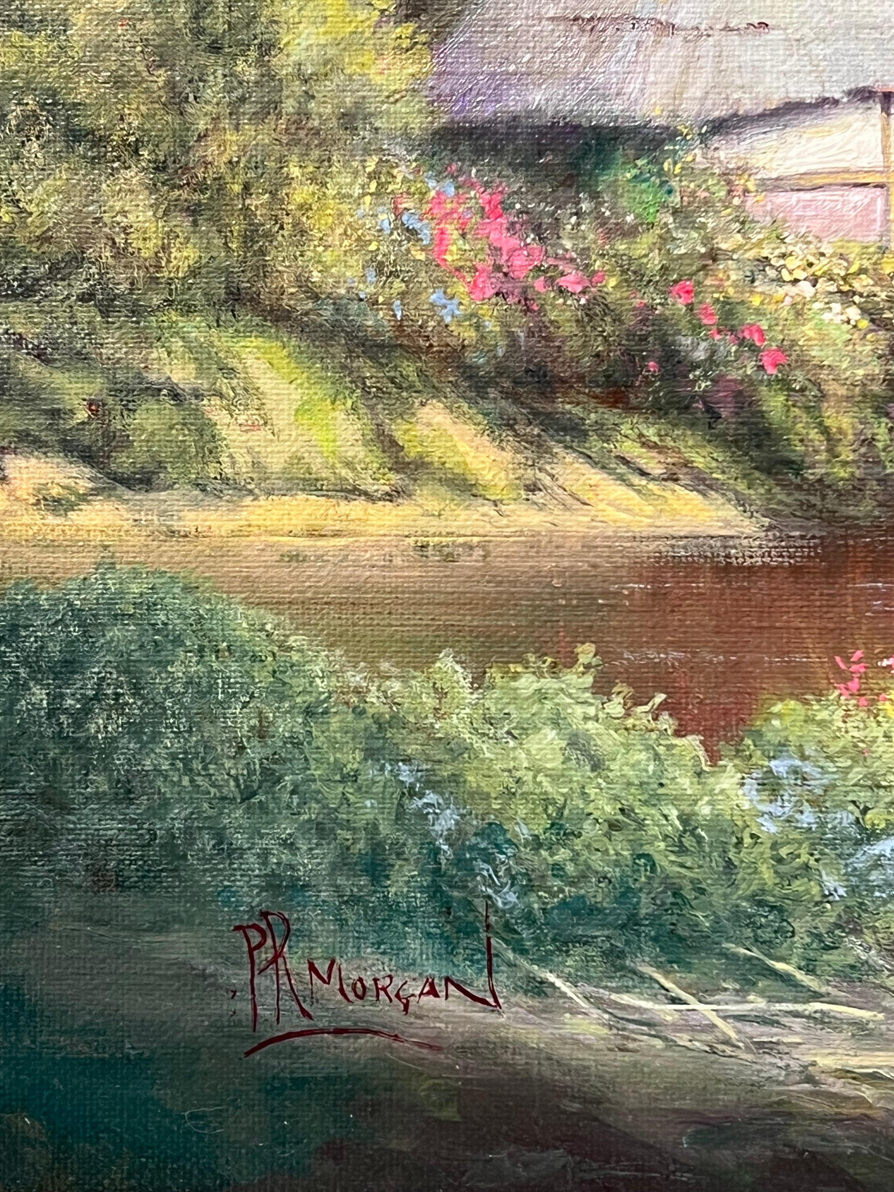 Cottage con tetto di paglia in un tranquillo paesaggio rurale inglese firmato olio inglese in vendita 6