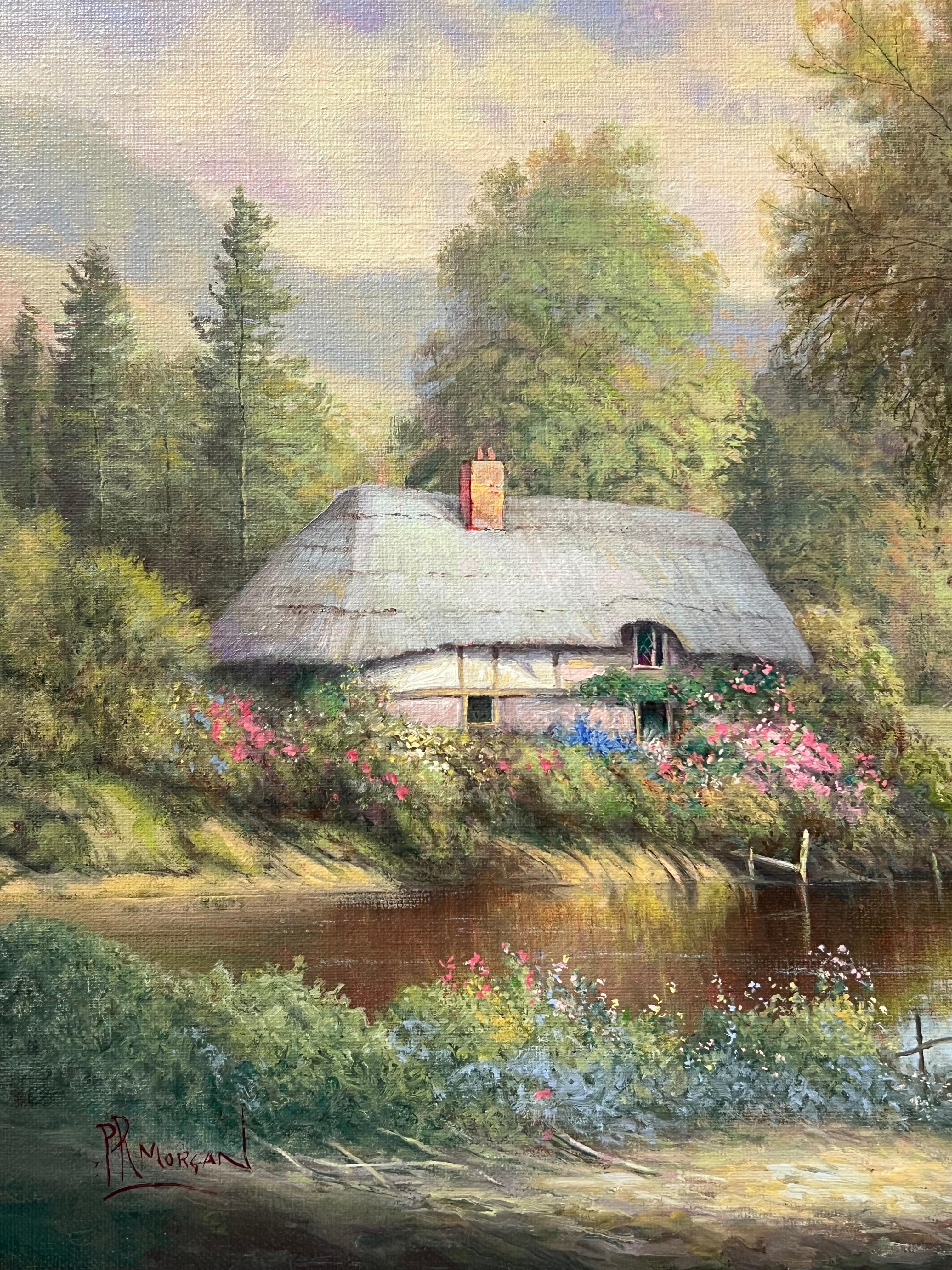Cottage con tetto di paglia in un tranquillo paesaggio rurale inglese firmato olio inglese in vendita 7