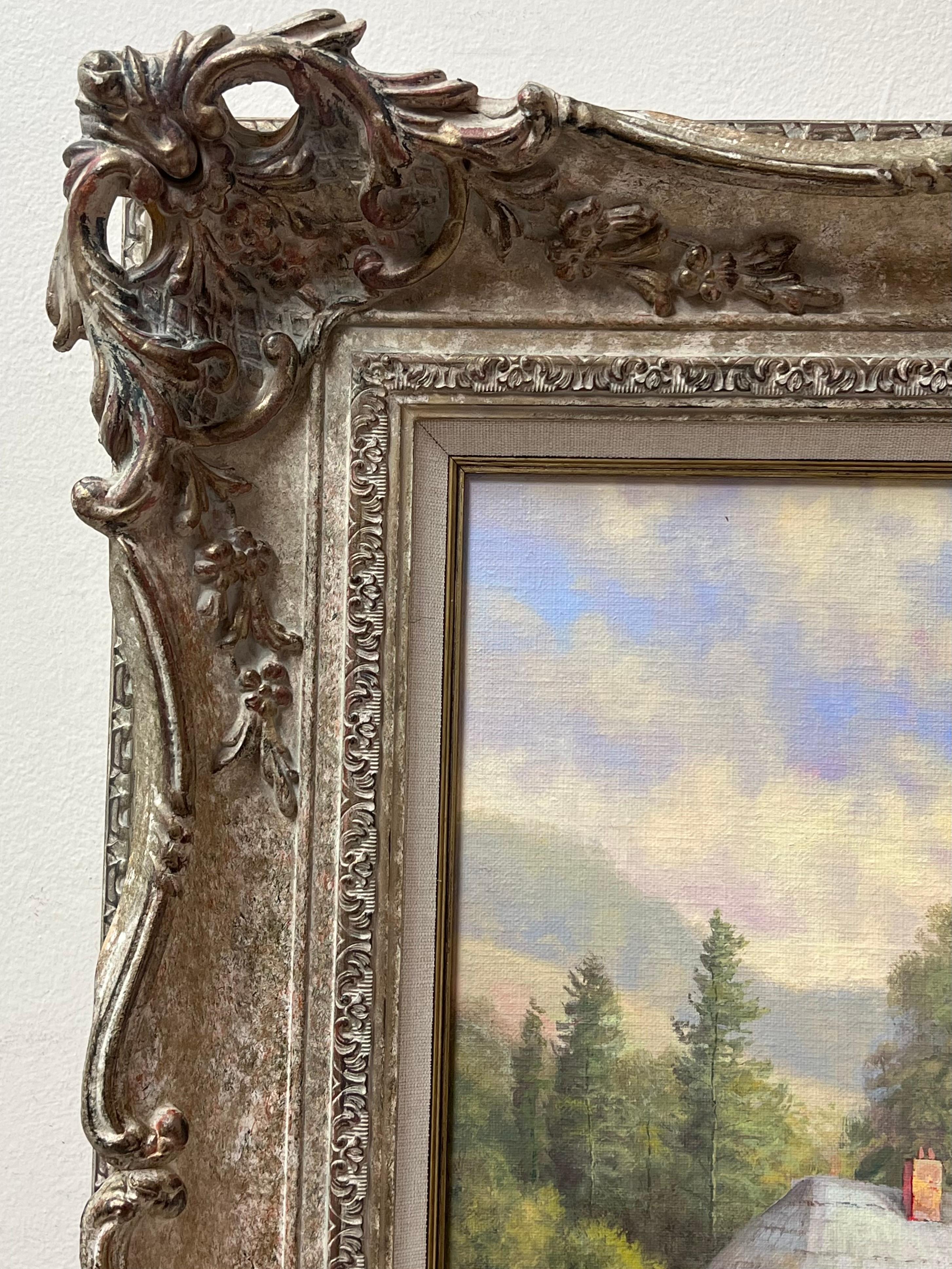 Cottage con tetto di paglia in un tranquillo paesaggio rurale inglese firmato olio inglese - Painting di Paul Morgan