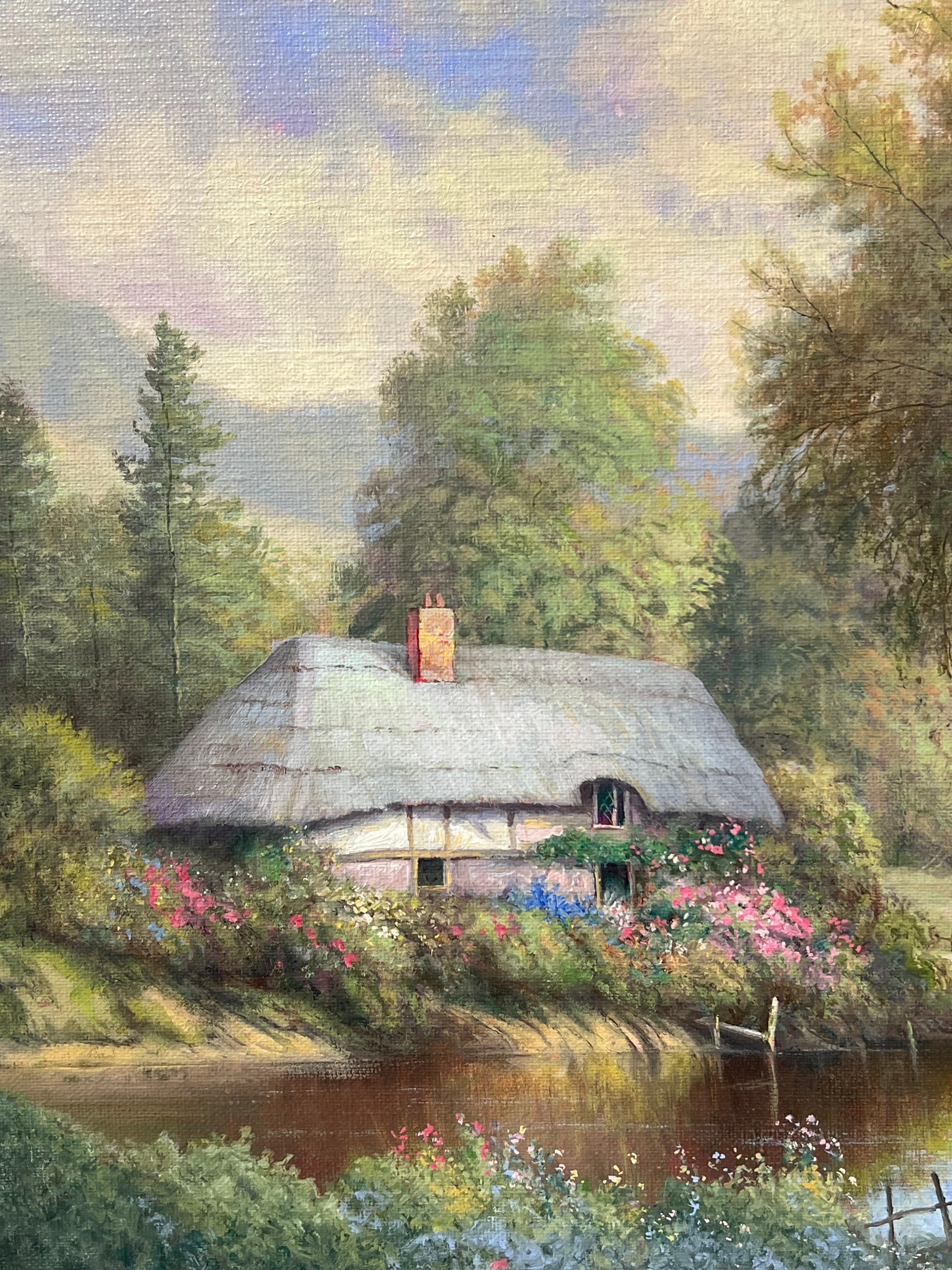 Cottage con tetto di paglia in un tranquillo paesaggio rurale inglese firmato olio inglese - Painting Impressionismo di Paul Morgan
