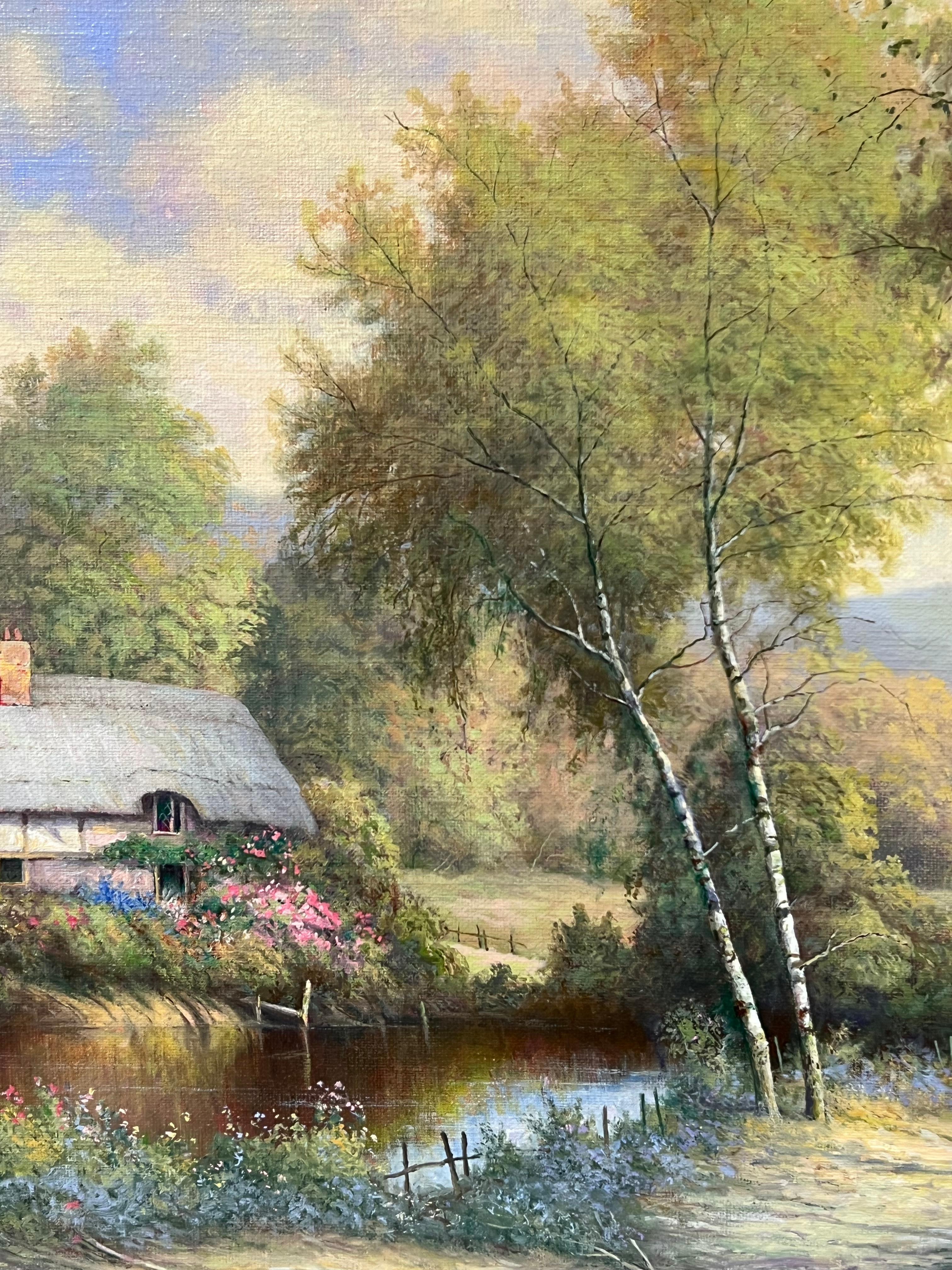 Cottage con tetto di paglia in un tranquillo paesaggio rurale inglese firmato olio inglese - Landscape Painting Nero di Paul Morgan