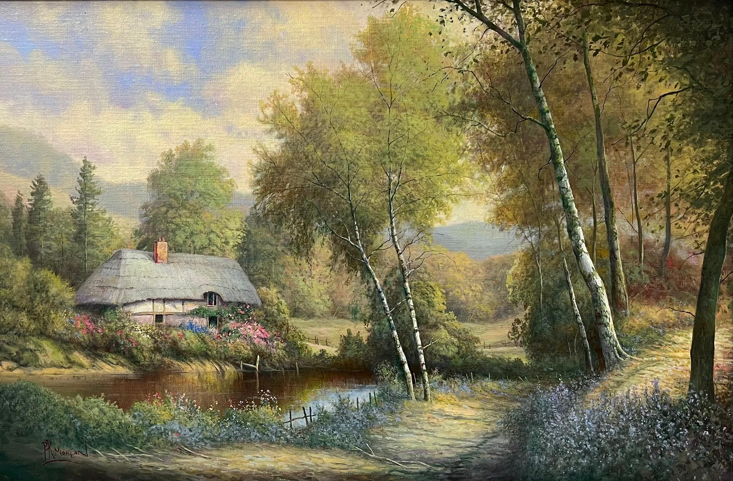 Cottage con tetto di paglia in un tranquillo paesaggio rurale inglese firmato olio inglese in vendita 1