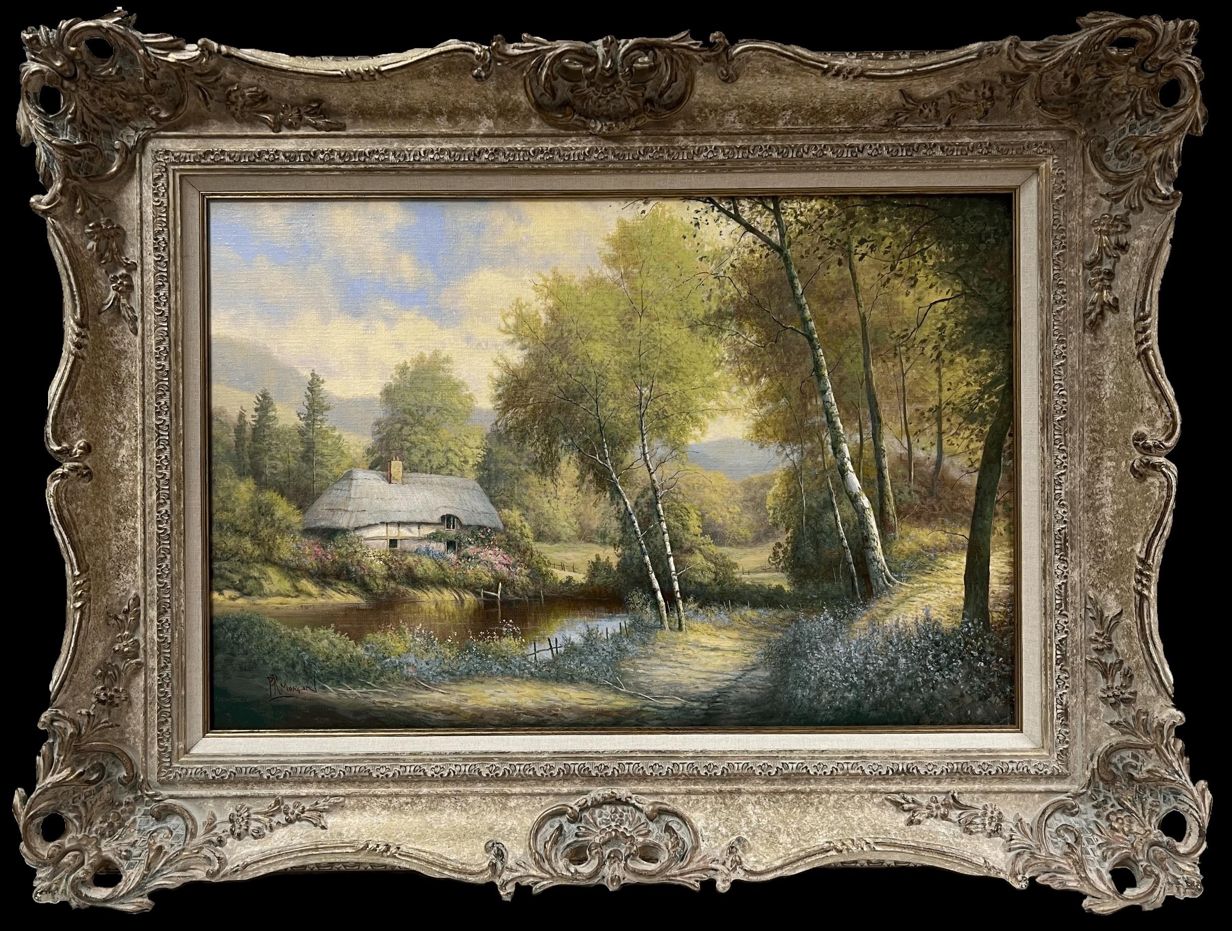 Landscape Painting di Paul Morgan - Cottage con tetto di paglia in un tranquillo paesaggio rurale inglese firmato olio inglese