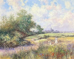 Damas en prado de amapolas recogiendo flores silvestres Pintura al óleo impresionista firmada