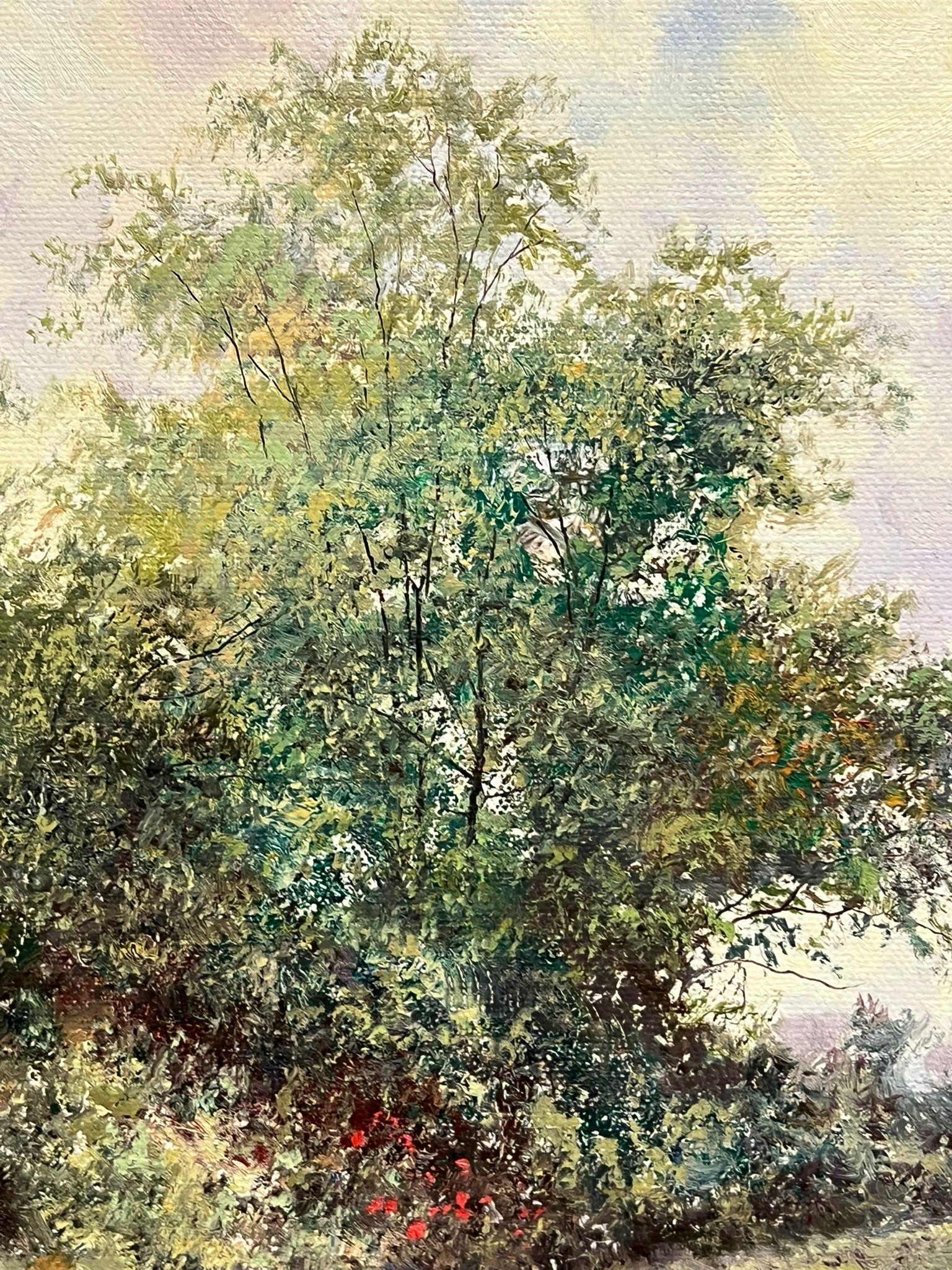 Donna in un prato di papaveri che raccoglie fiori selvatici, pittura a olio impressionista firmata - Landscape Painting Marrone di Paul Morgan