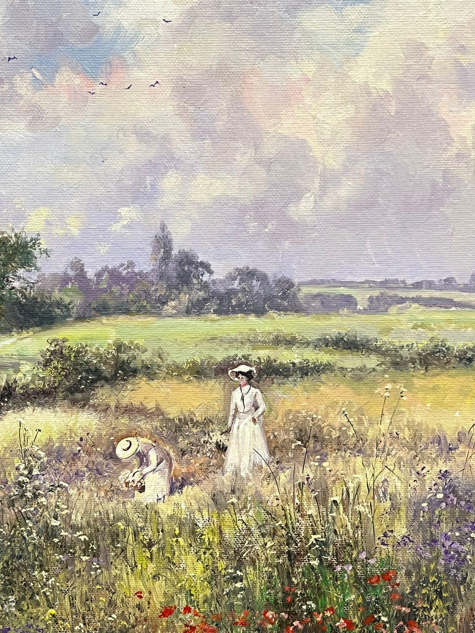 Donna in un prato di papaveri che raccoglie fiori selvatici, pittura a olio impressionista firmata in vendita 1