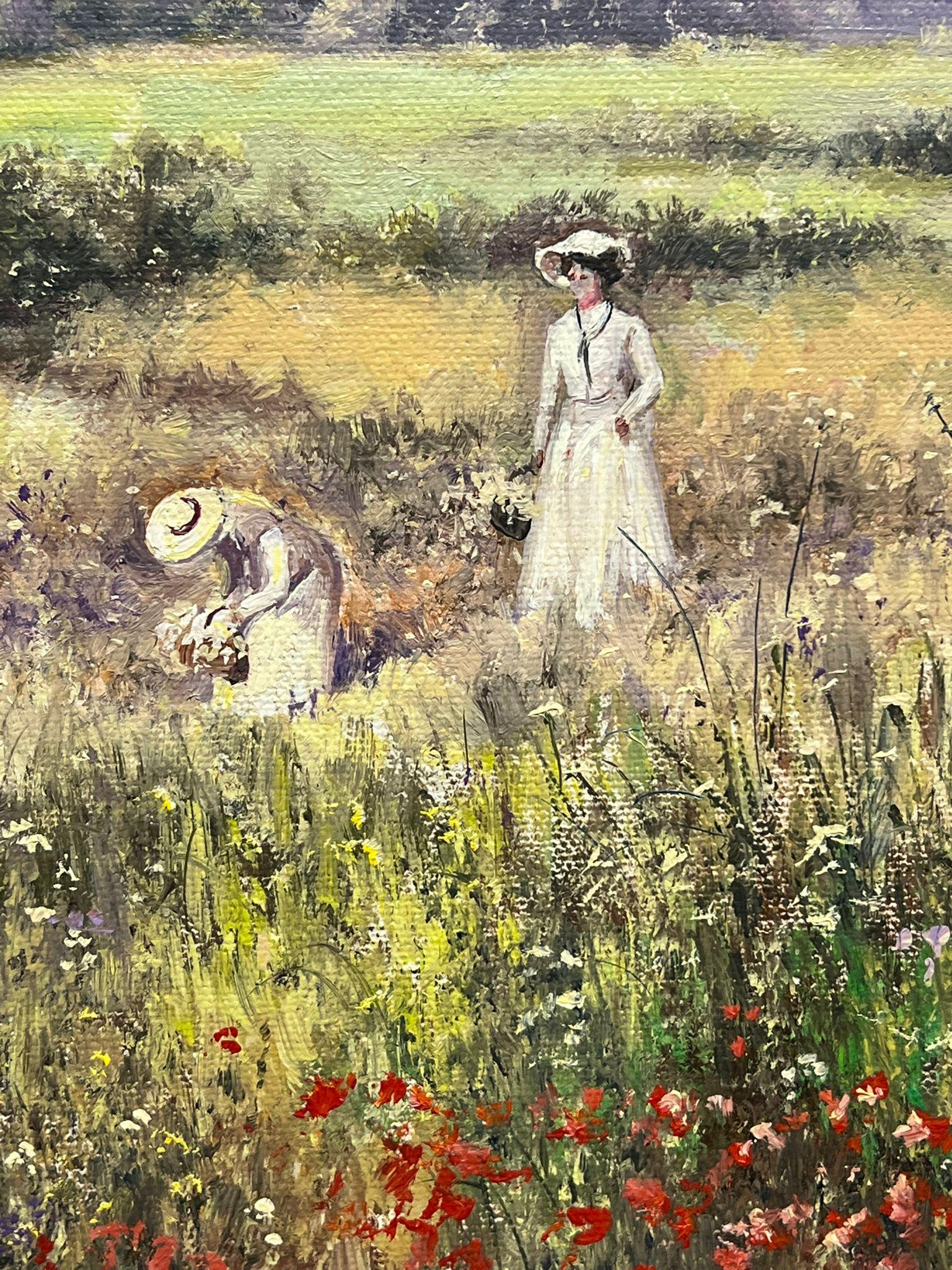 Donna in un prato di papaveri che raccoglie fiori selvatici, pittura a olio impressionista firmata in vendita 4