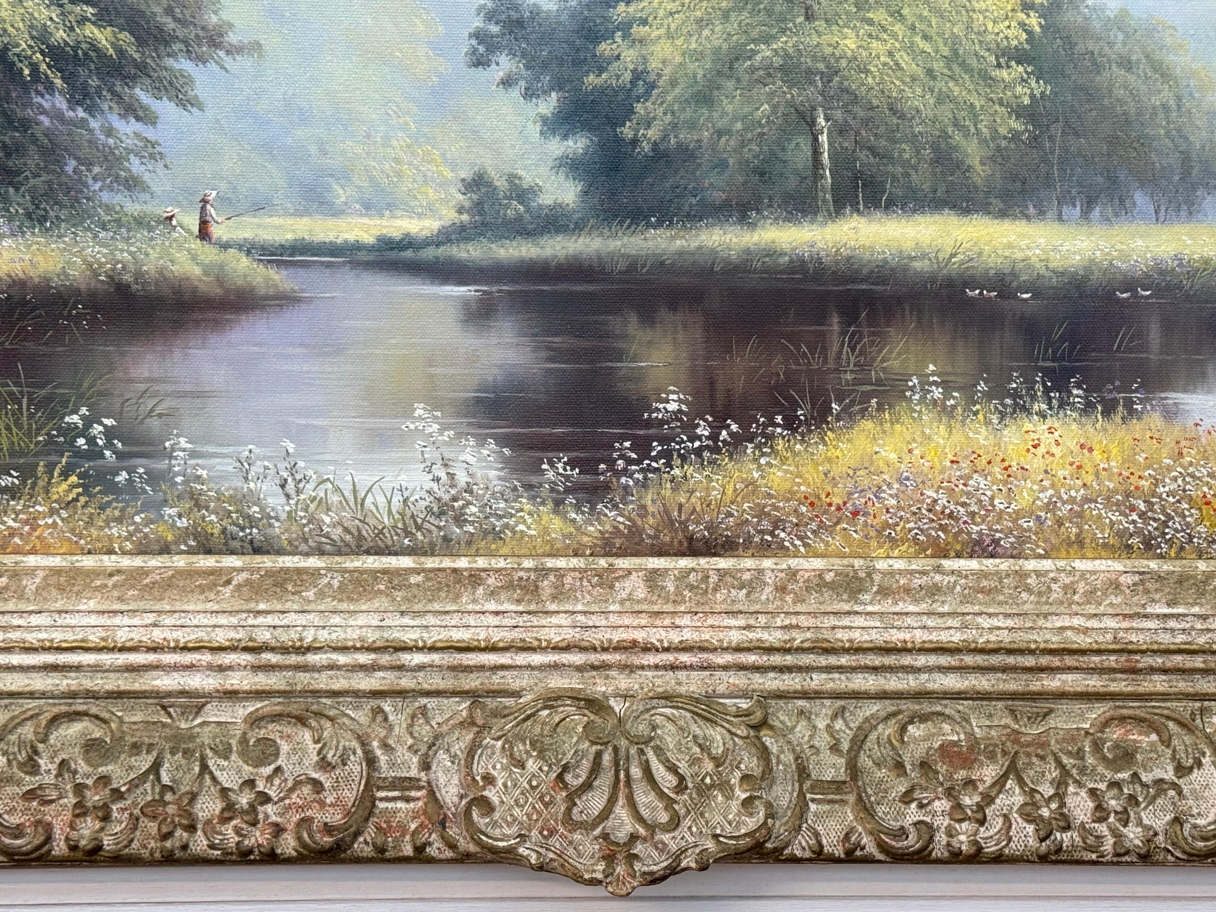Pintura vintage de niños pescando en el río Verano en la campiña inglesa en venta 8