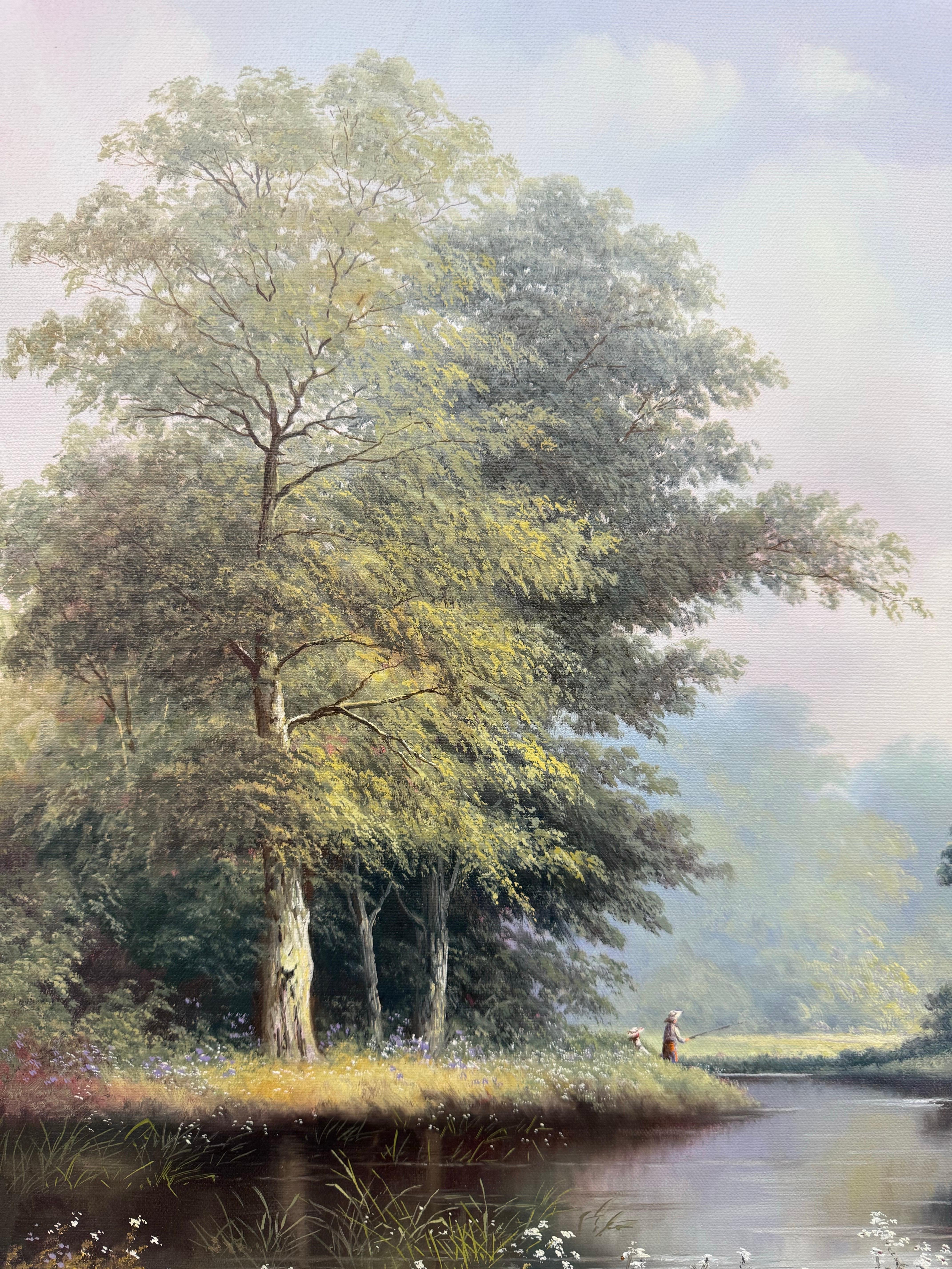 Pintura vintage de niños pescando en el río Verano en la campiña inglesa en venta 10