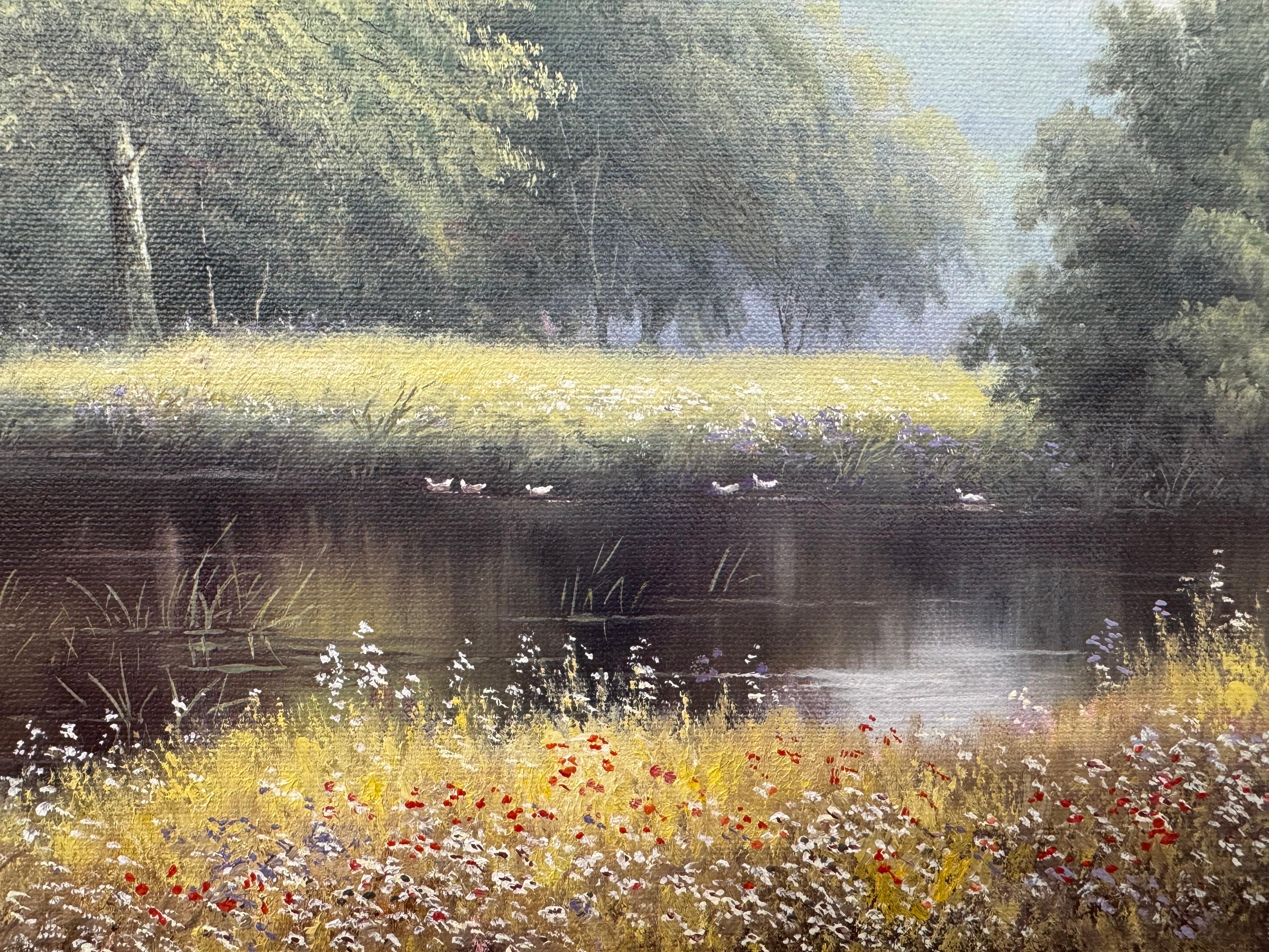 Pintura vintage de niños pescando en el río Verano en la campiña inglesa en venta 11