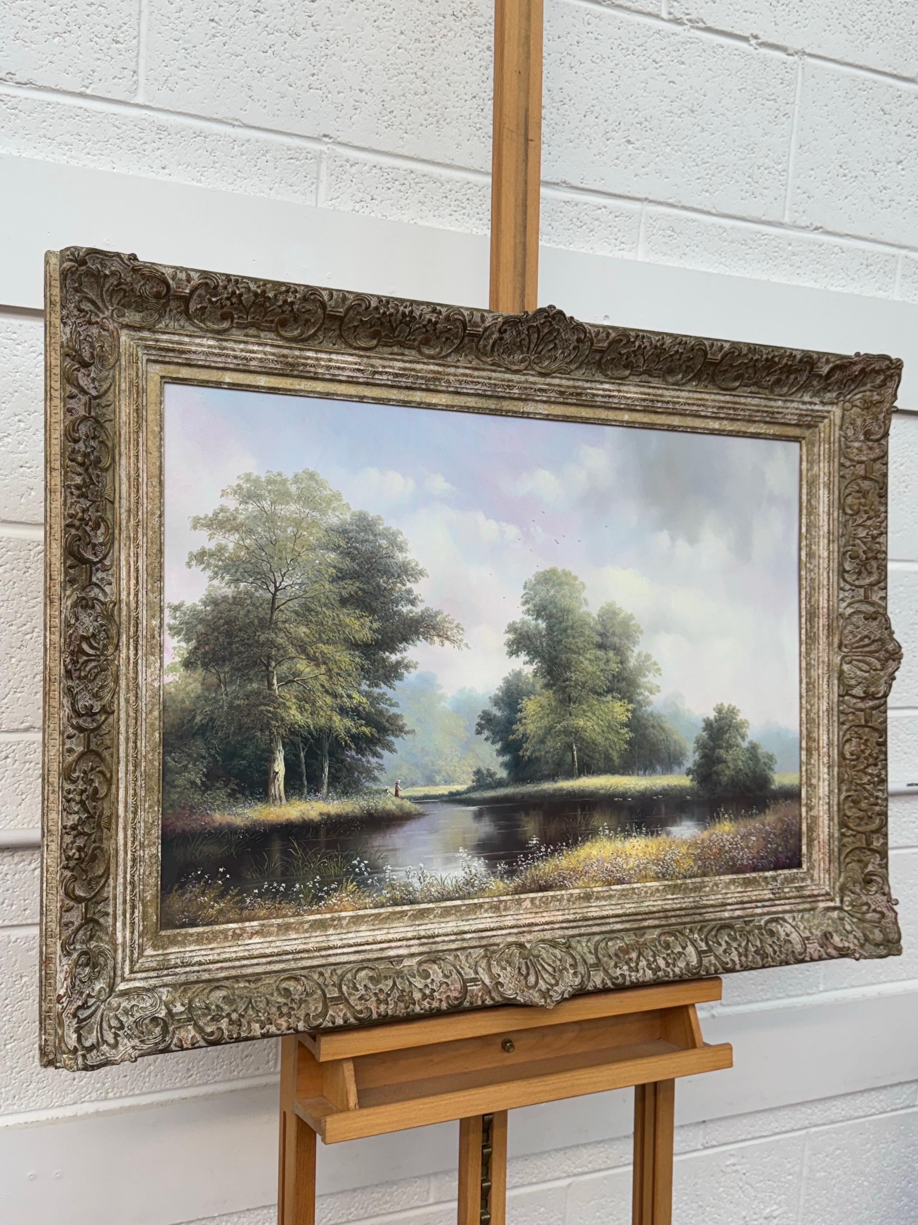 Pintura vintage de niños pescando en el río Verano en la campiña inglesa - Painting de Paul Morgan