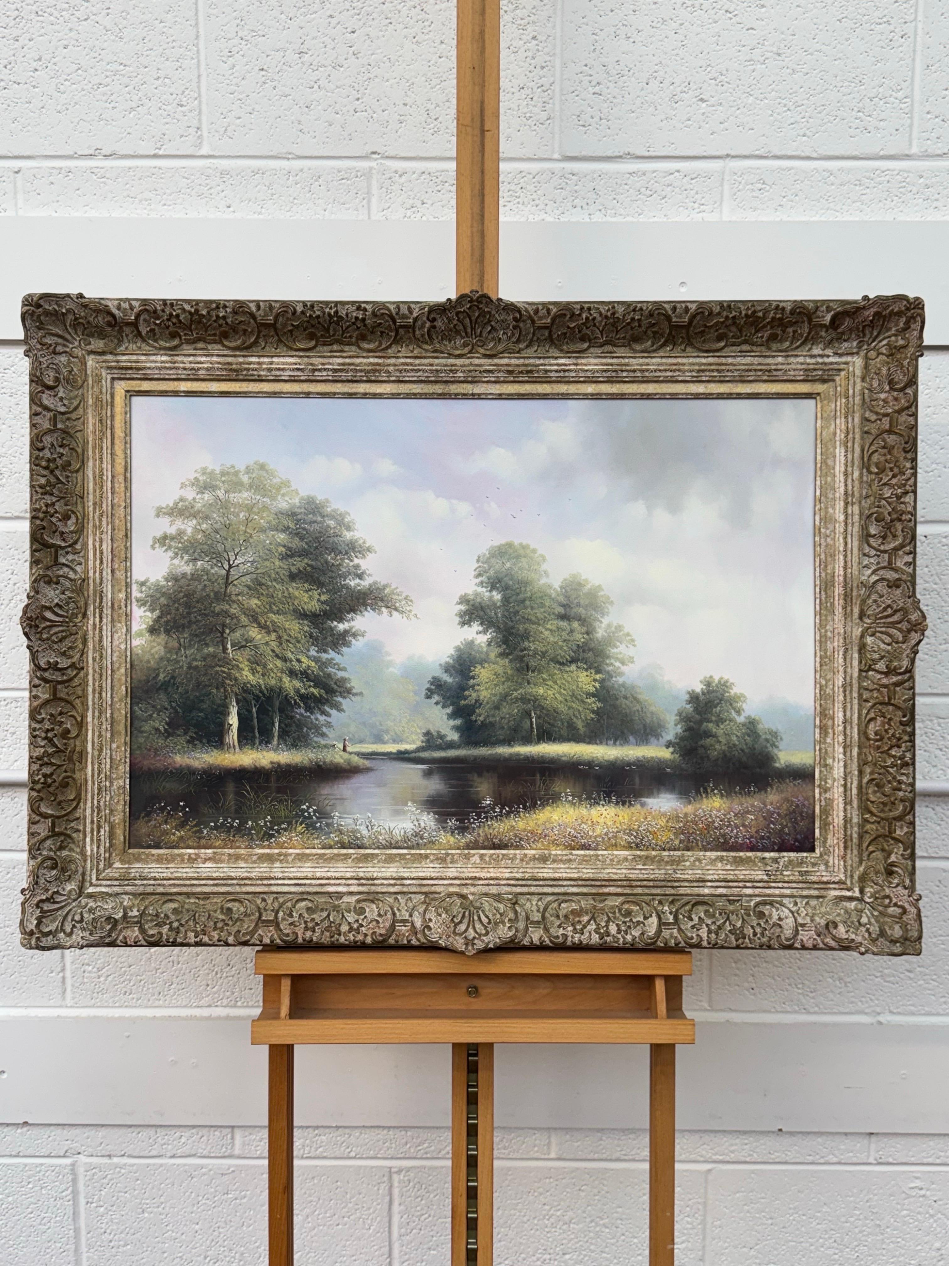 Pintura vintage de niños pescando en el río Verano en la campiña inglesa - Painting Realista de Paul Morgan