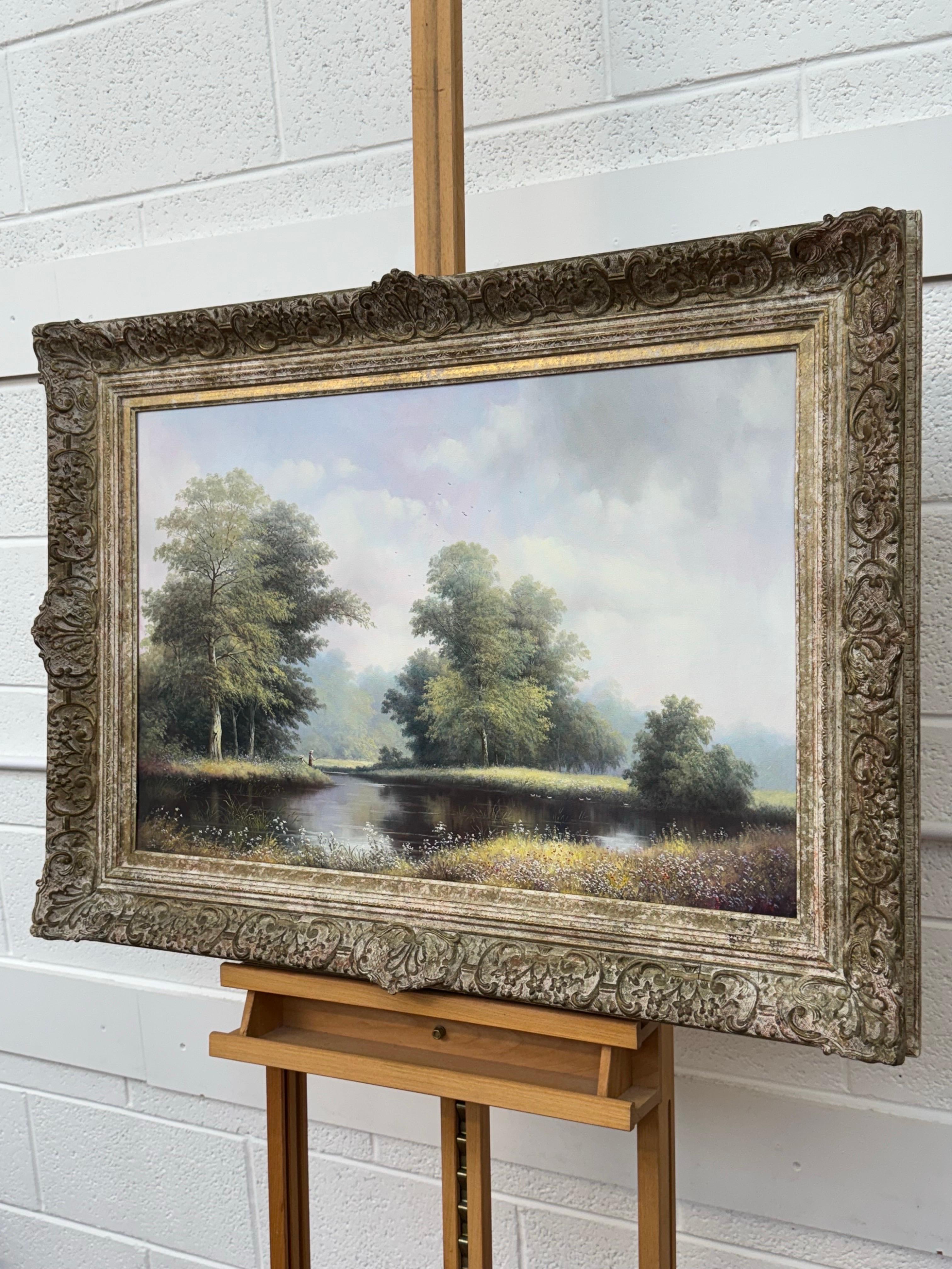Pintura vintage de niños pescando en el río Verano en la campiña inglesa - Figurative Painting Gris de Paul Morgan