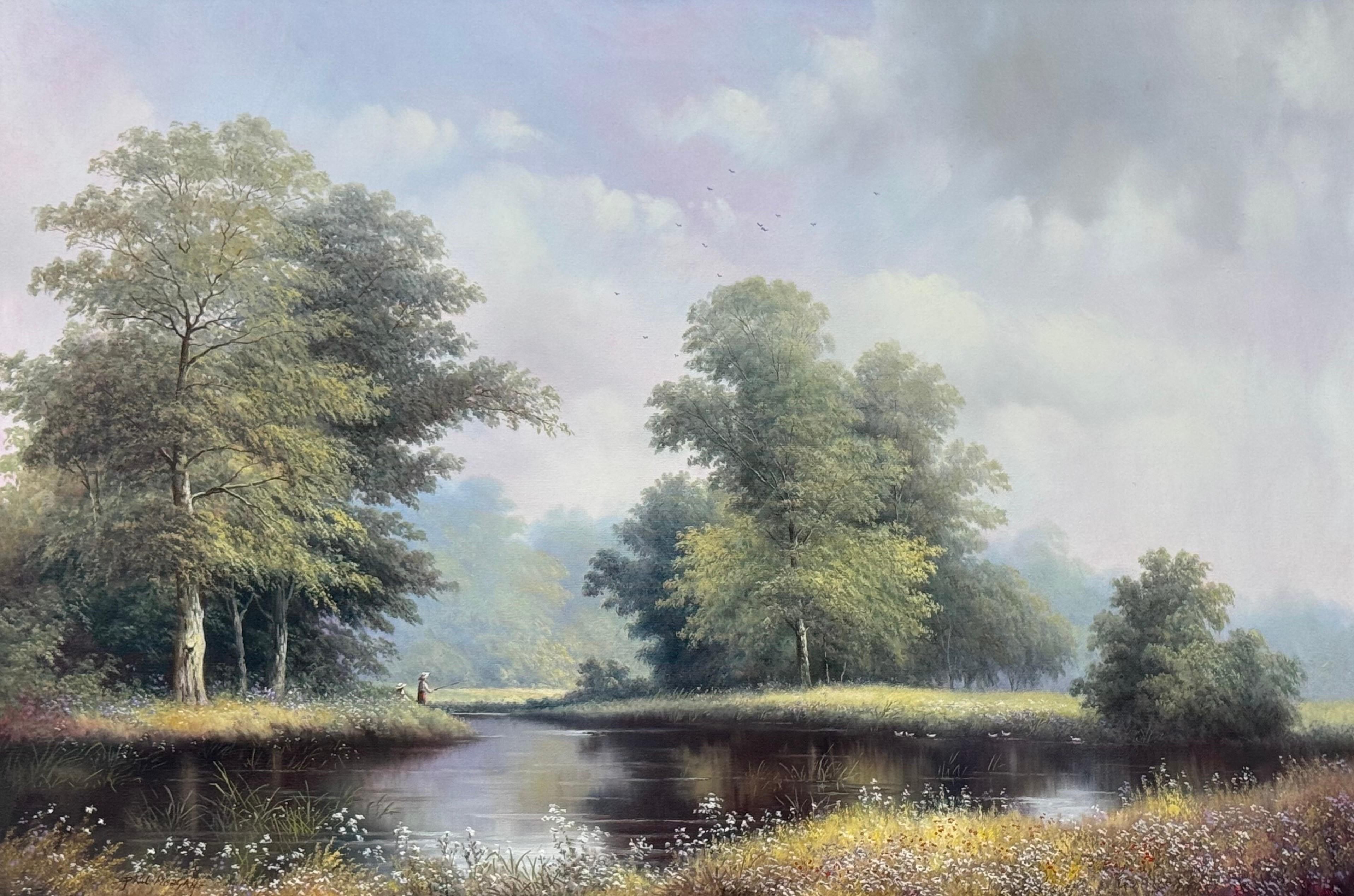 Pintura de época de niños pescando en el río en verano en la campiña inglesa por el artista británico del siglo XX, Paul Morgan

Medidas: 30 x 20 pulgadas
El marco mide 38 x 28 pulgadas

Este exquisito cuadro de paisaje capta la serena belleza de