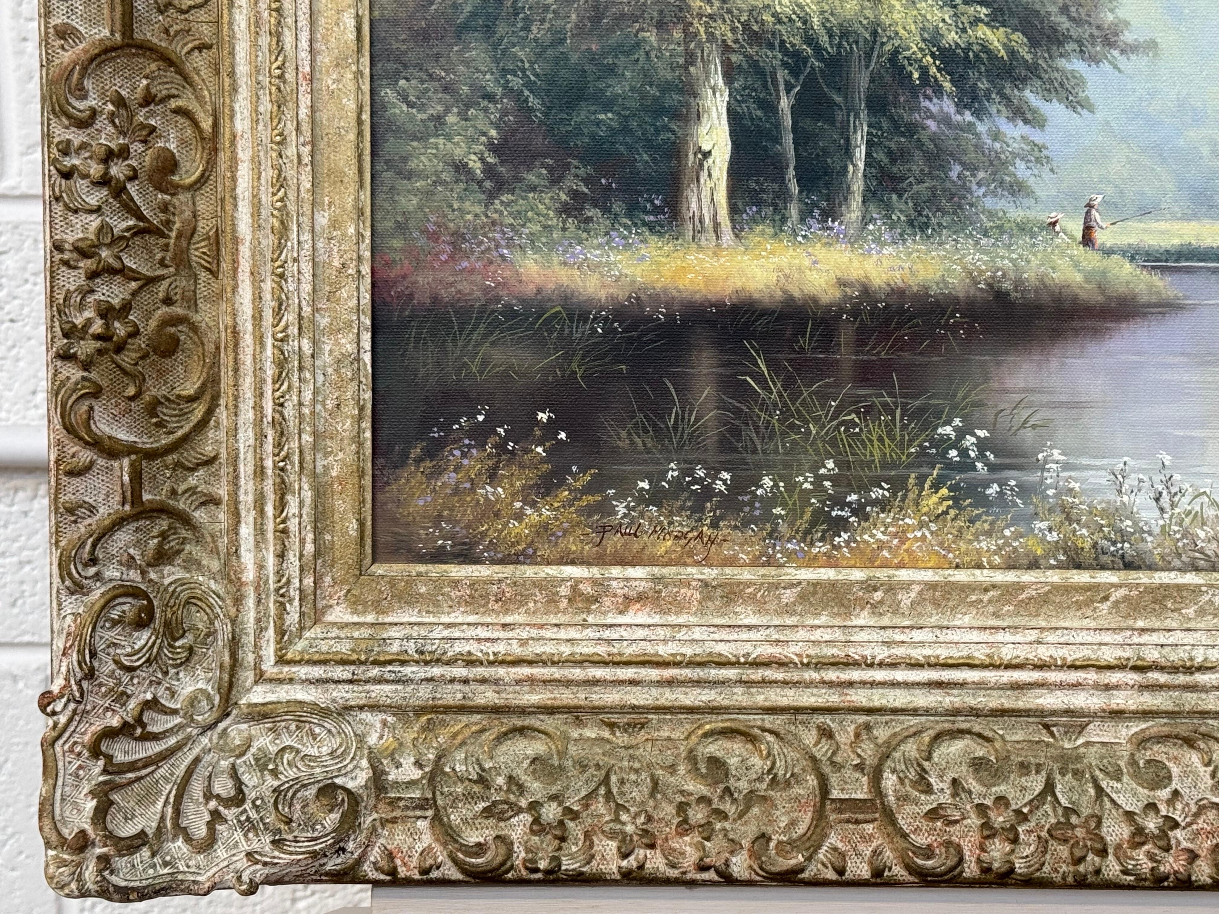 Pintura vintage de niños pescando en el río Verano en la campiña inglesa en venta 2