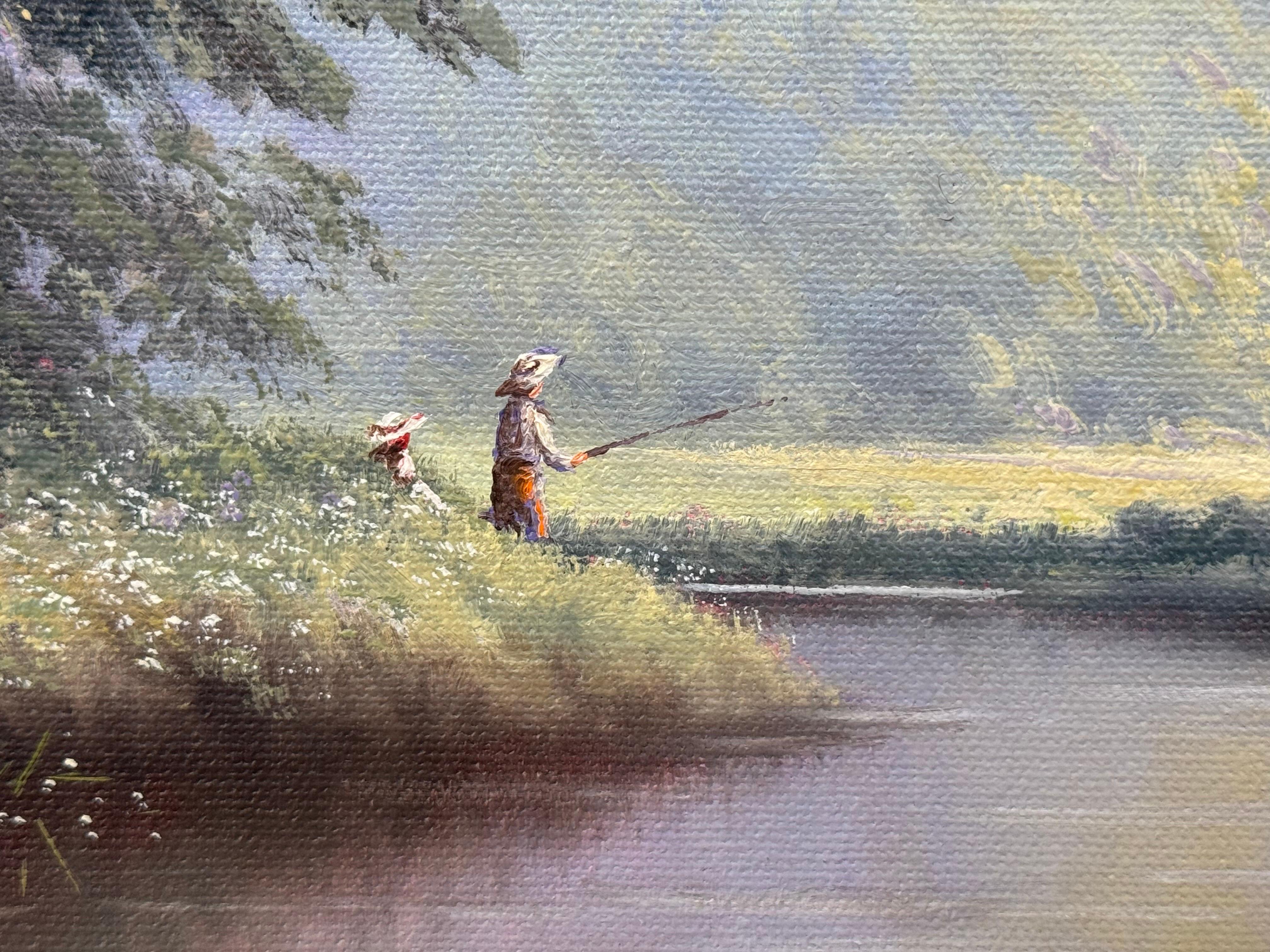 Pintura vintage de niños pescando en el río Verano en la campiña inglesa en venta 4