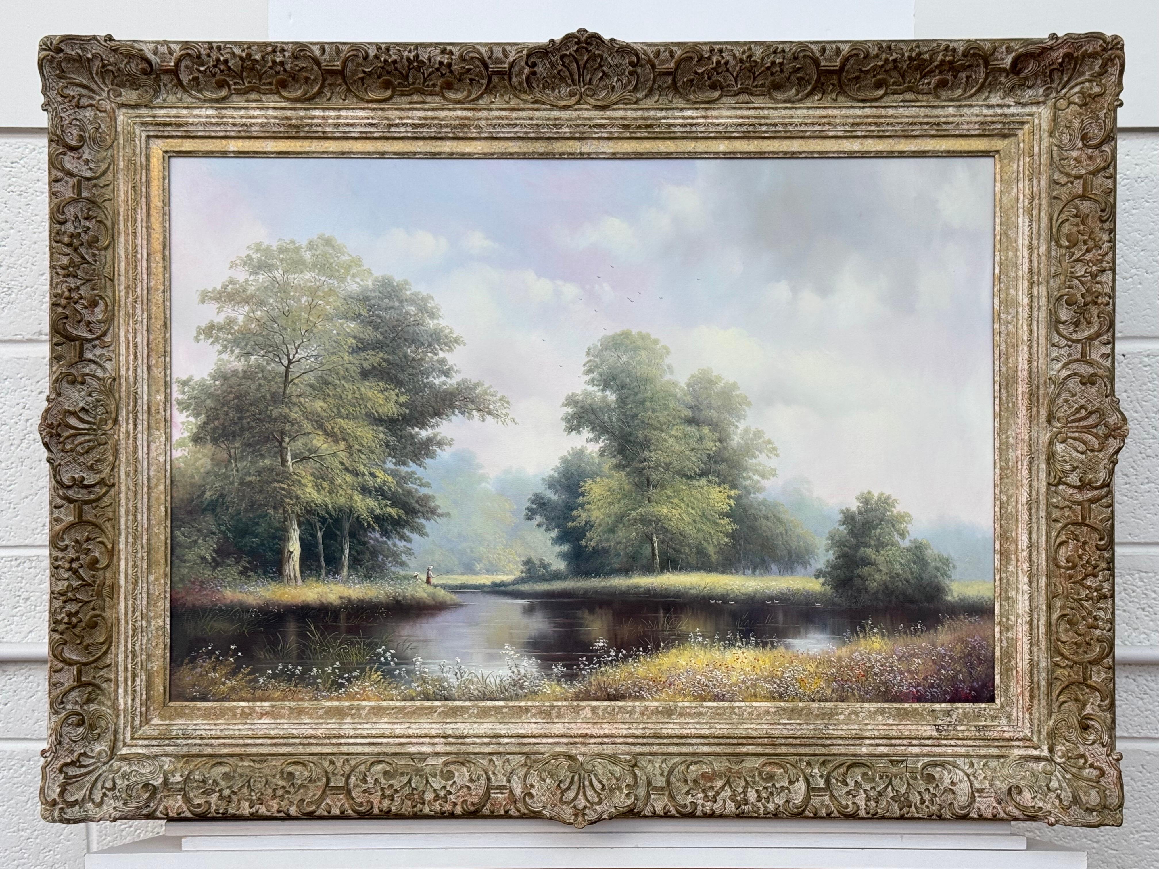 Pintura vintage de niños pescando en el río Verano en la campiña inglesa en venta 15