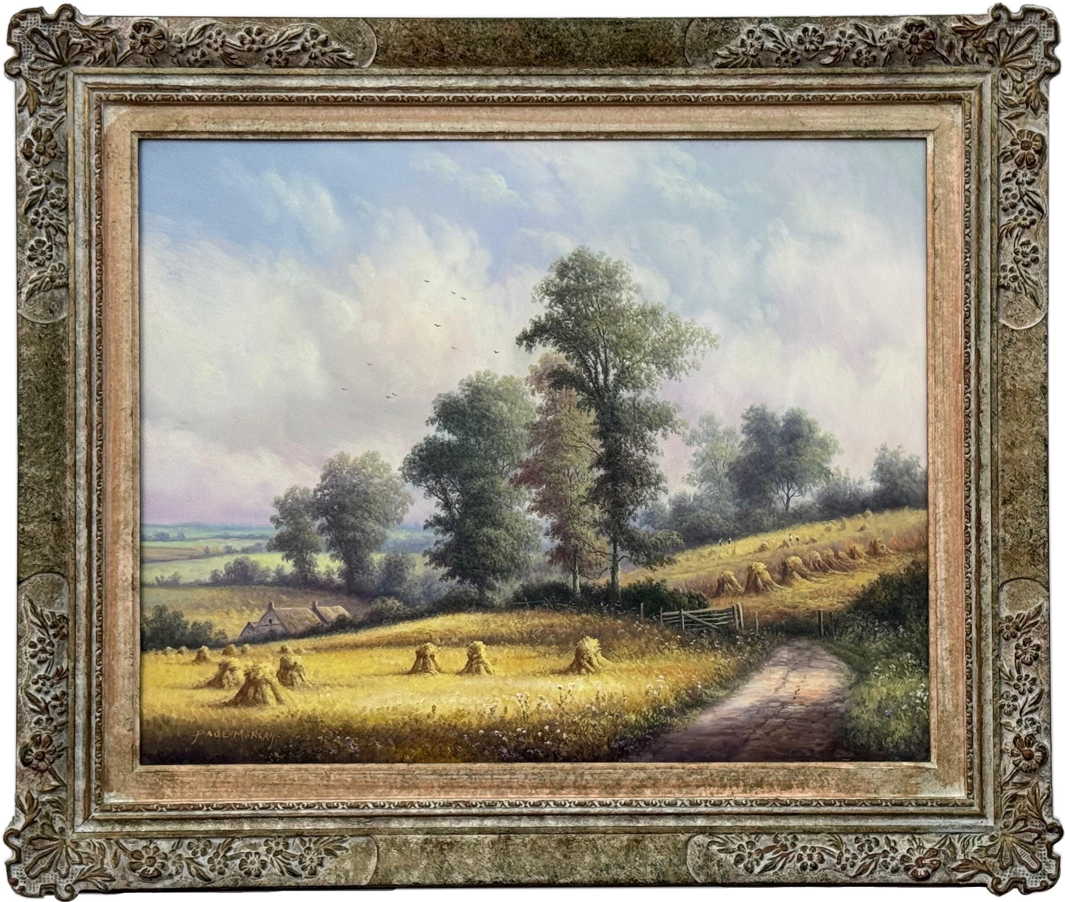 Figurative Painting di Paul Morgan - Quadro d'epoca raffigurante il tempo del raccolto nella campagna inglese, realizzato da un artista britannico