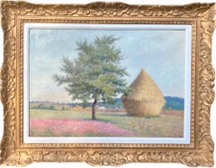19th century French impressionist painting - Cherry tree in a harvest landscape