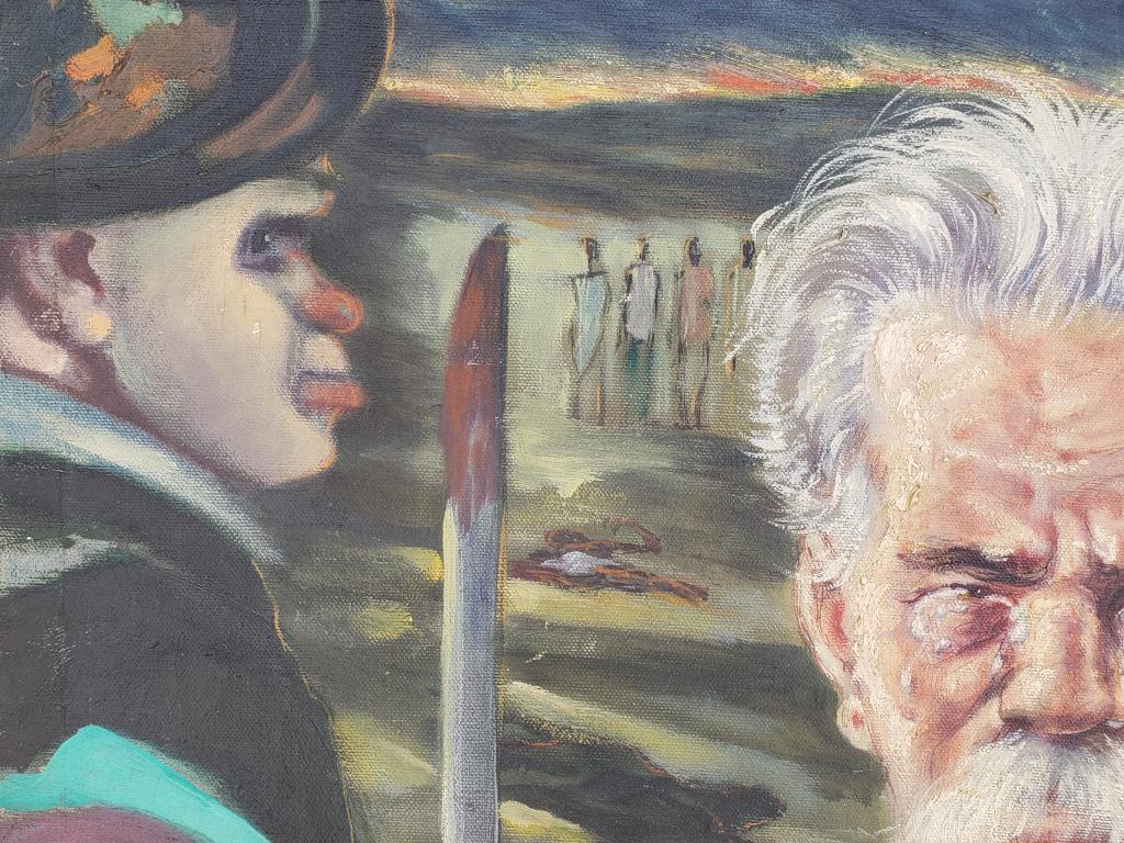 This beautiful and poignant painting depicts Albert Schweitzer with his patients in Africa. Schweitzer was a Nobel Prize winning polymath and doctor, who in 1913 traveled to Africa with his wife, to establish a hospital in Gabon. As a German