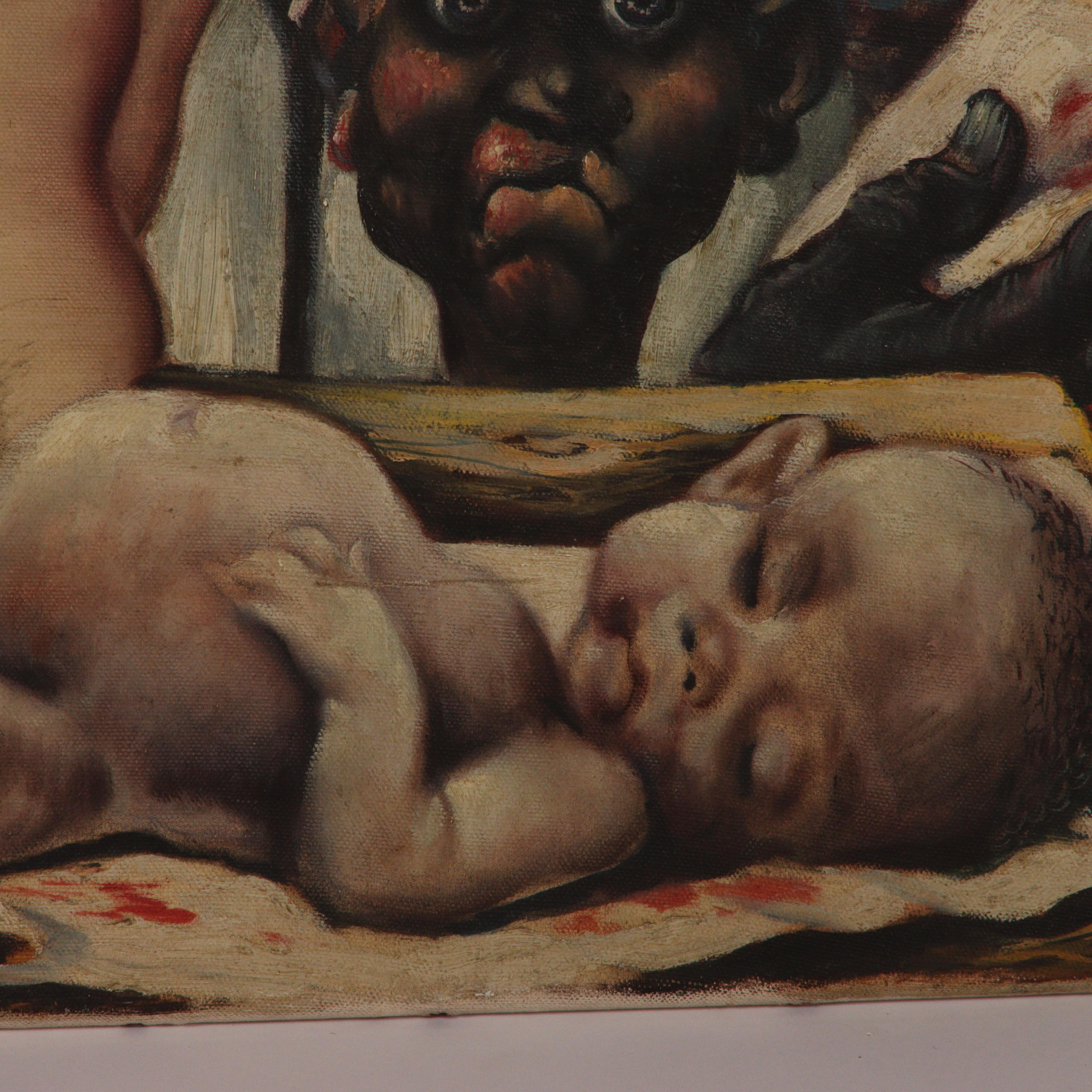Unsigned. Notably stretched over side panel of baby crib.

Biography from Battledore Ltd Gallery: Paul Muller (Russian/American) was born in Estonia. At the age of 16 he joined the Russian Army where he was a musician with the 