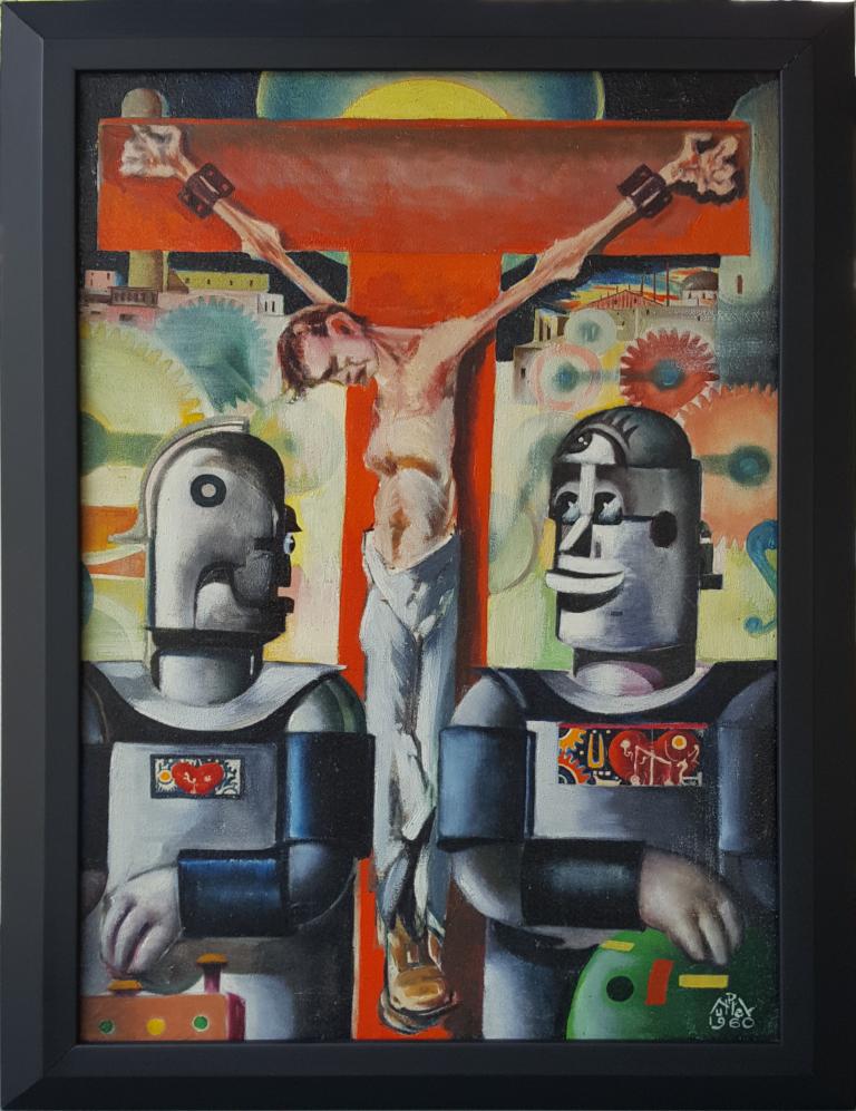 Worker Crucified by Automation - Painting by Paul Muller