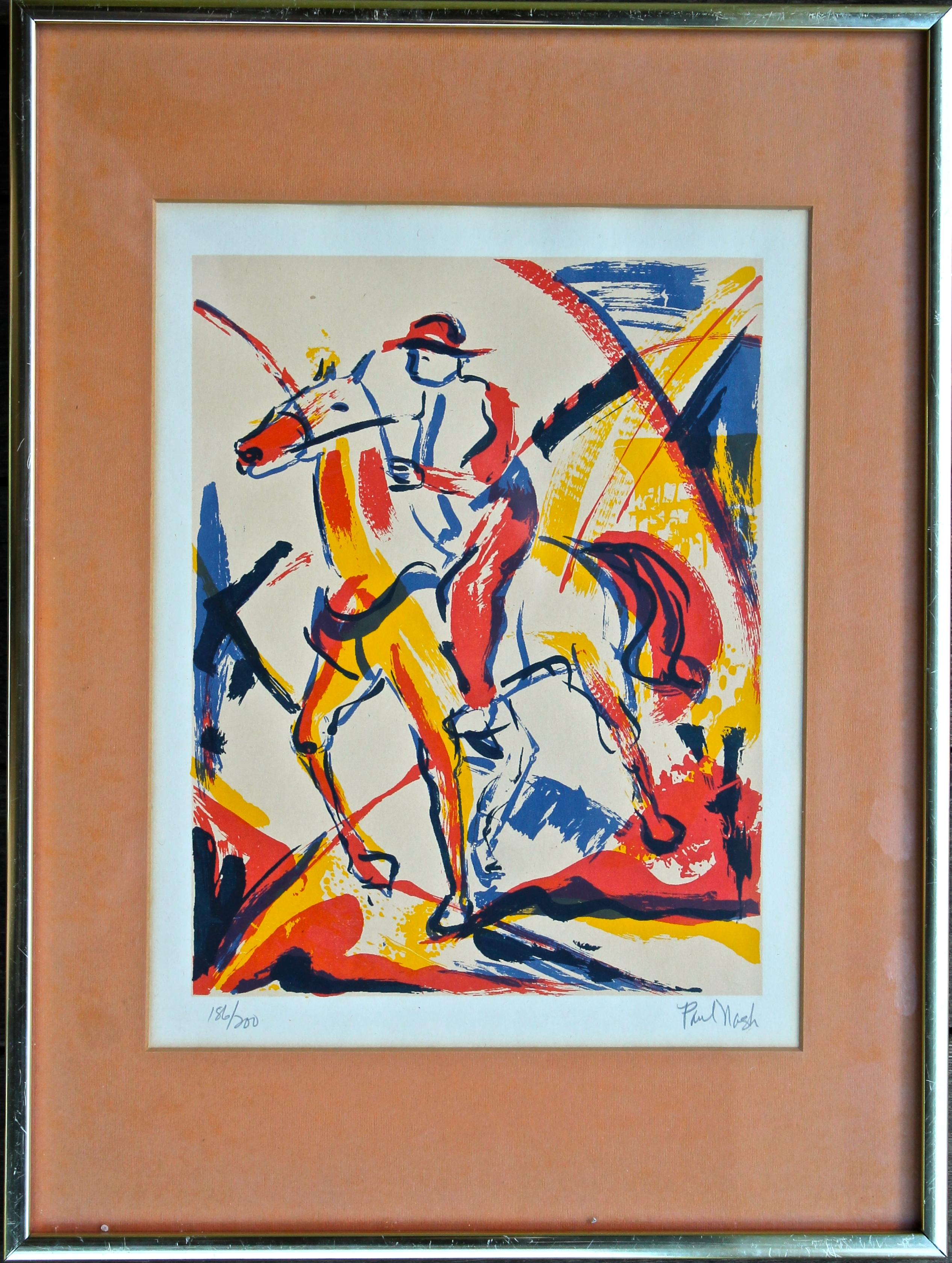 Colorful abstract lithograph of a galloping horse and rider with Vorticism overtones, by the English Artist and Printmaker Paul Nash . Signed lower right and numbered lower left 186/200. Measures: Framed 16 x 12