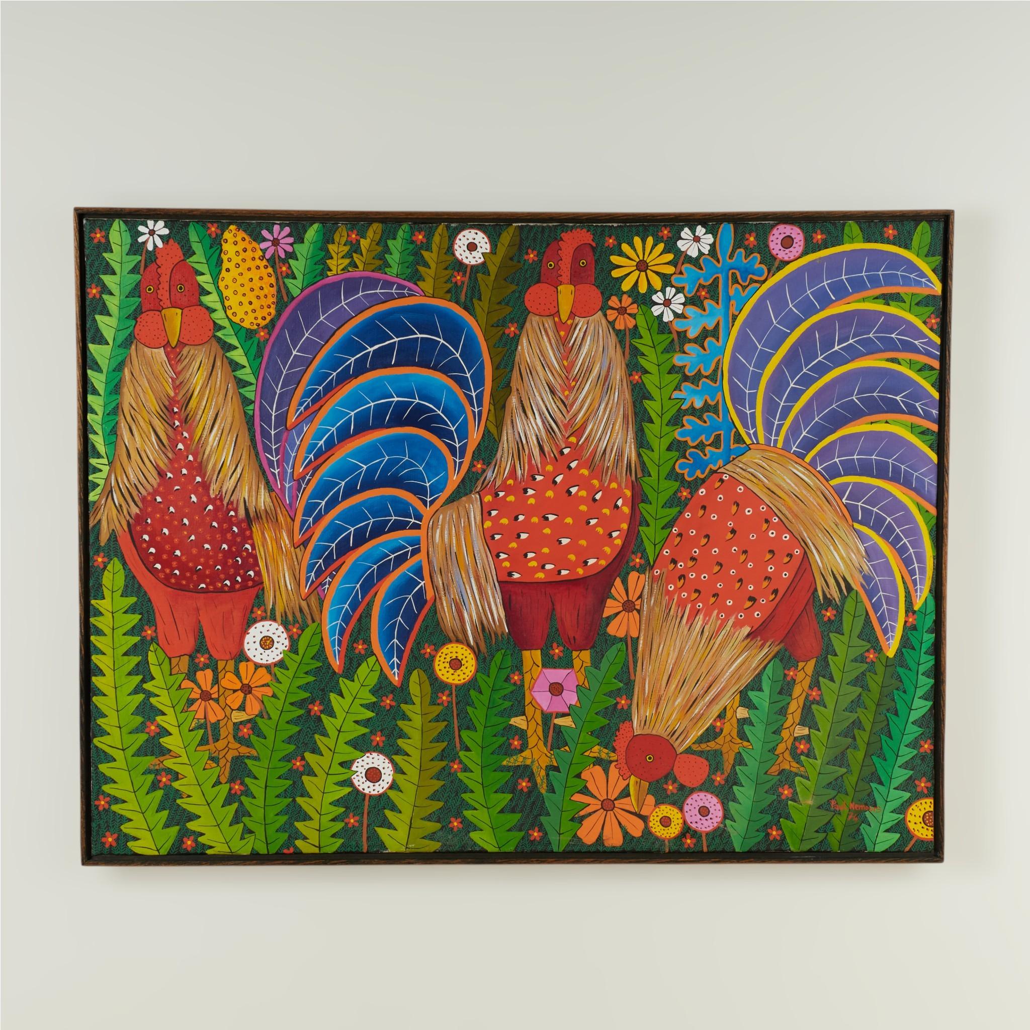 Vintage Haitian Painting of Three Roosters by Paul Nemours