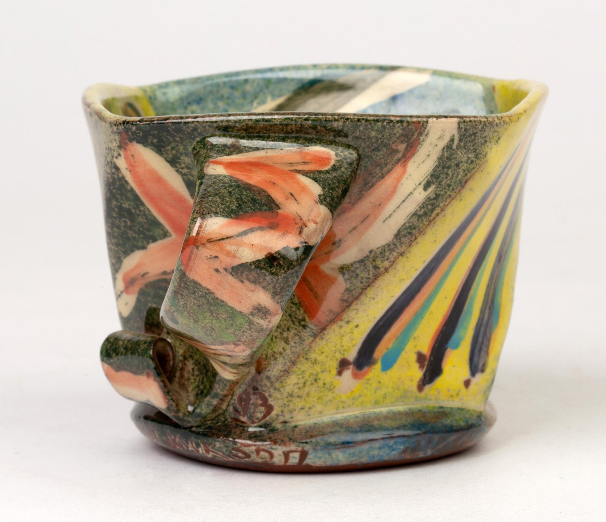 Modern Paul Northmore Jackson Abstract Colorful Hand Painted Studio Pottery Mug, 1993 For Sale
