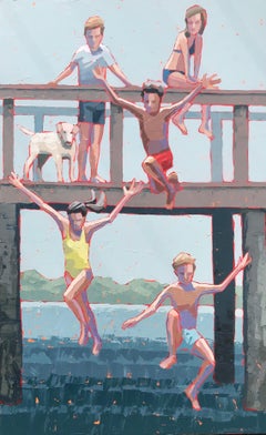 Peinture à l'empâtement « 1:: 2:: 3 Jump » représentant des enfants sautant d'un pont dans une eau bleue
