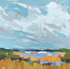 "Abbott's Lagoon" acrylic painting of a warm waterscape with a light blue sky
