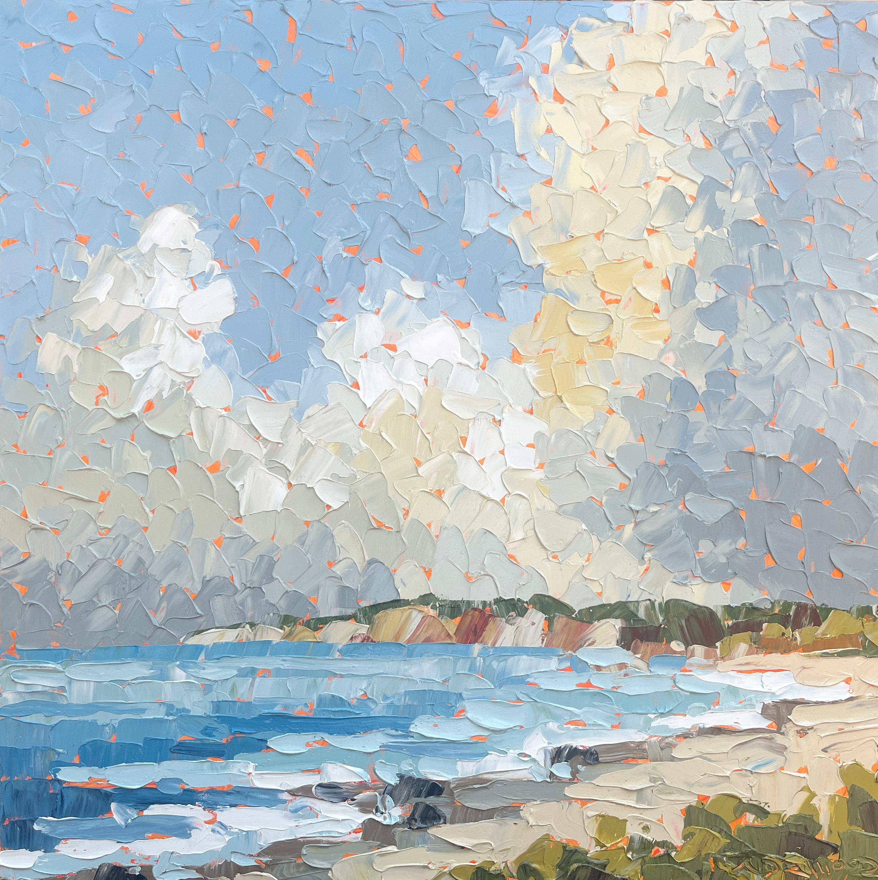 Paul Norwood Landscape Painting - "After the Storm" clouds fill the horizon above ocean cliffs & vibrant blue sea