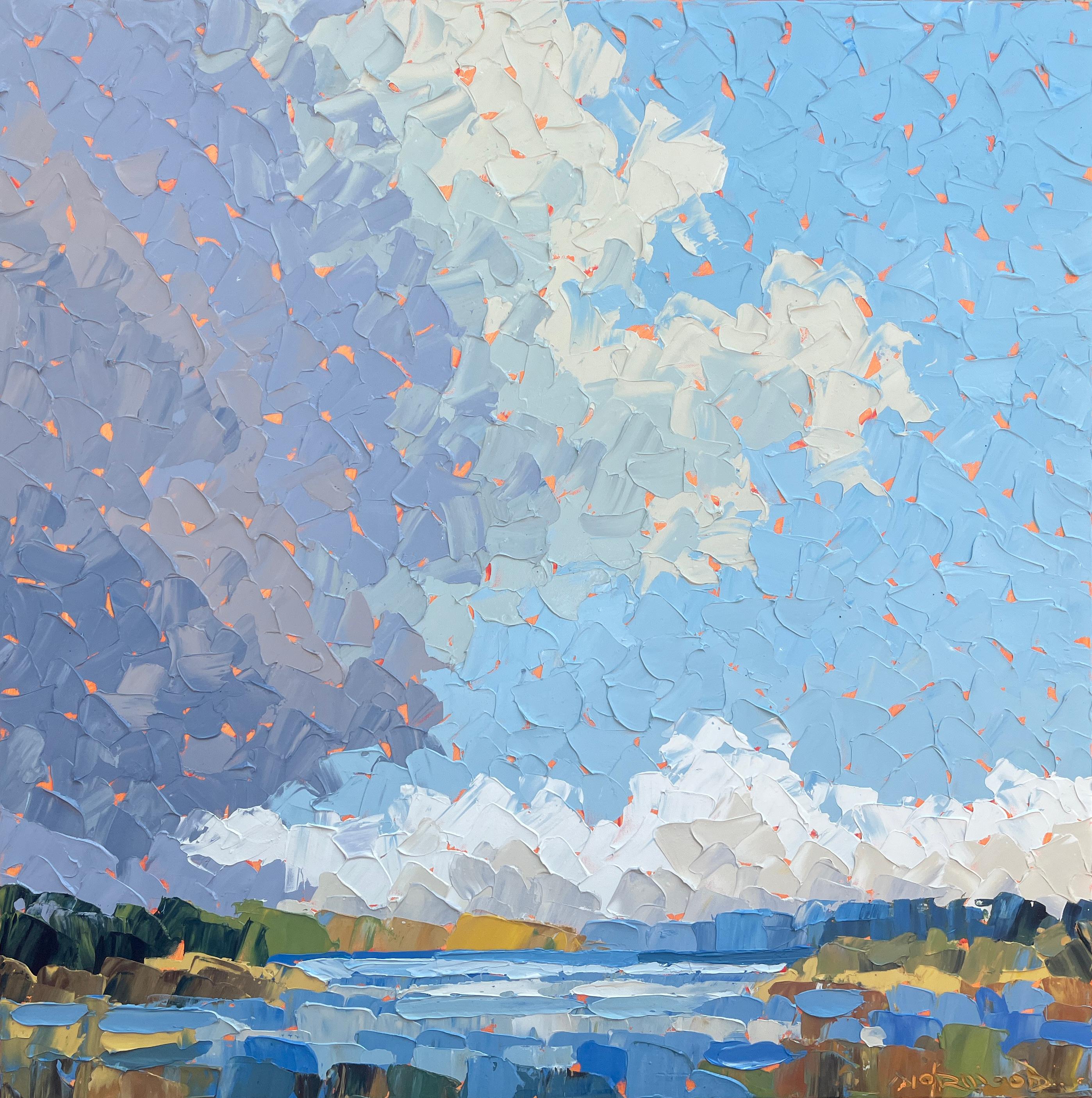 Paul Norwood Abstract Painting - "Approaching Front" storm clouds begin to cast shadow on the oceanside